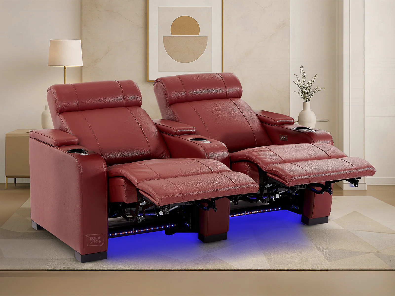 2 Seat Real Leather Electric Recliner Home Cinema Theatre Sofa In Red with Chilled Cupholders + Console + Power + USB + LED Lights | Rimini - Image 4