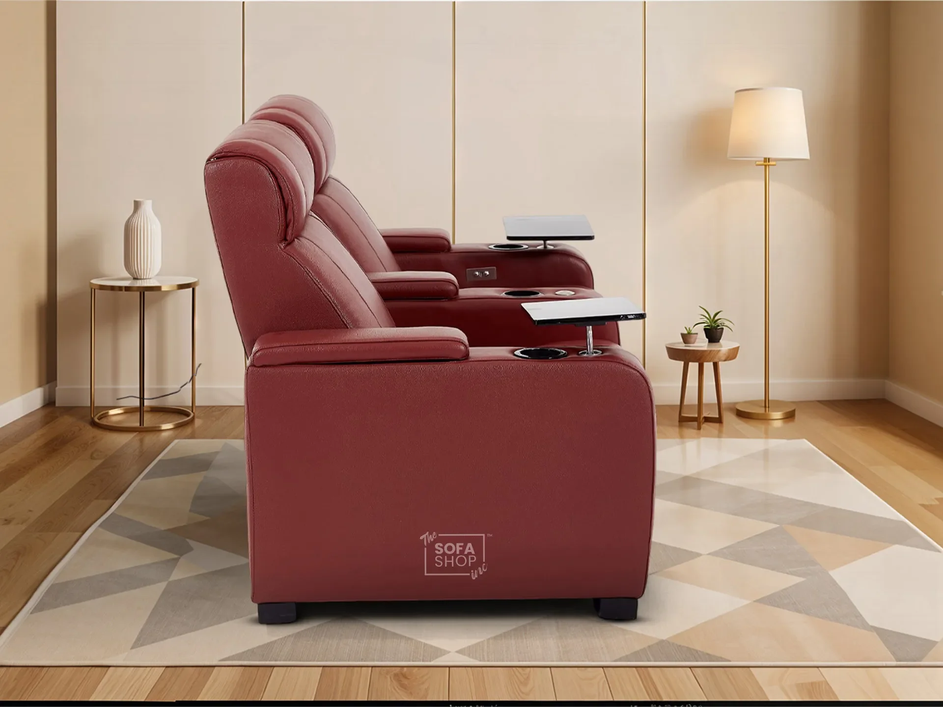 2 Seat Real Leather Electric Recliner Home Cinema Theatre Sofa In Red with Chilled Cupholders + Console + Power + USB + LED Lights | Rimini - Image 6