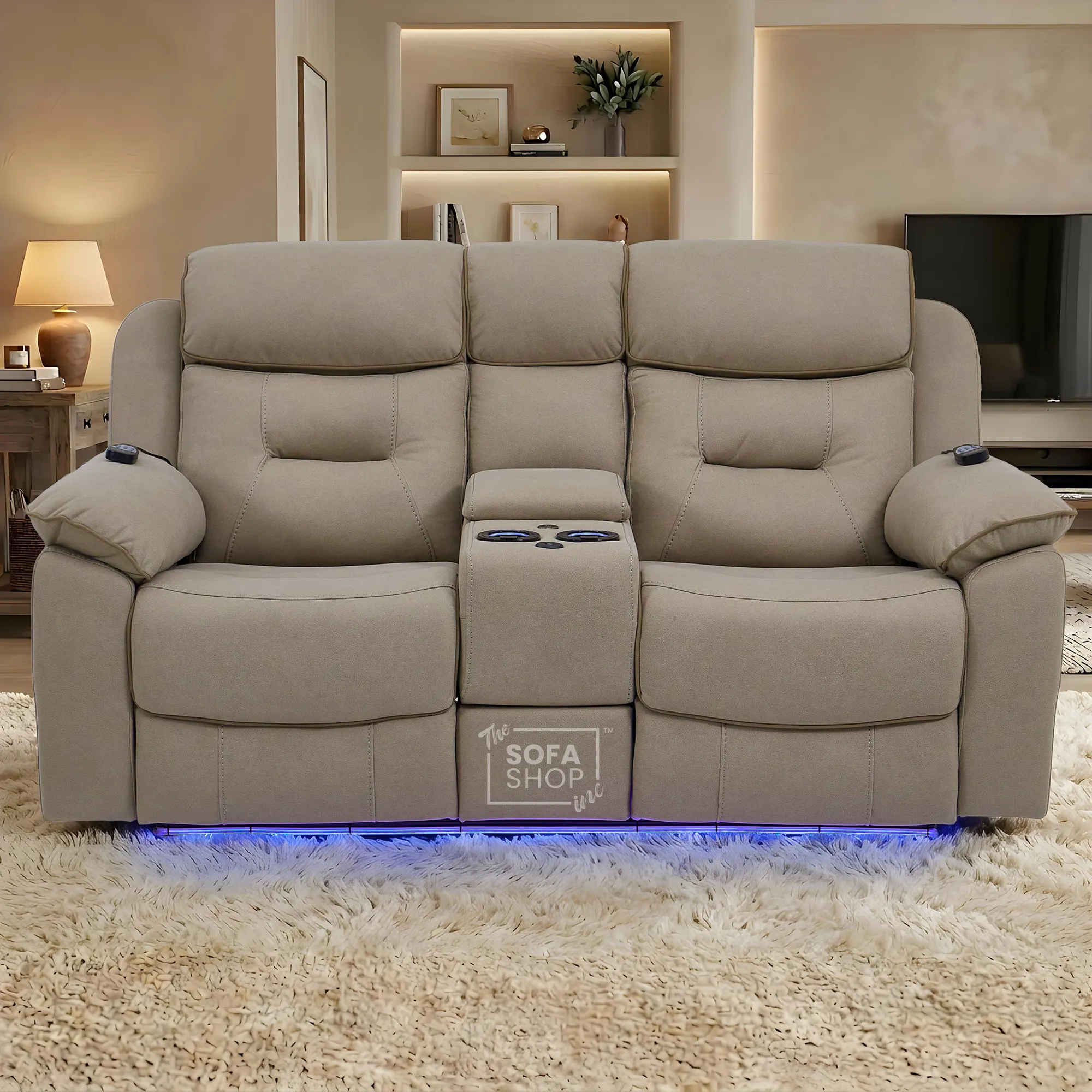 2 Seater Beige Fabric Electric Recliner Cinema Sofa | Hi-tech Recliner Couch With Massage Vibration, Heated Lumbar, Cooling & Heating Cupholders, Bluetooth & Multi-Link | Florence | The Sofa Shop - Image 2