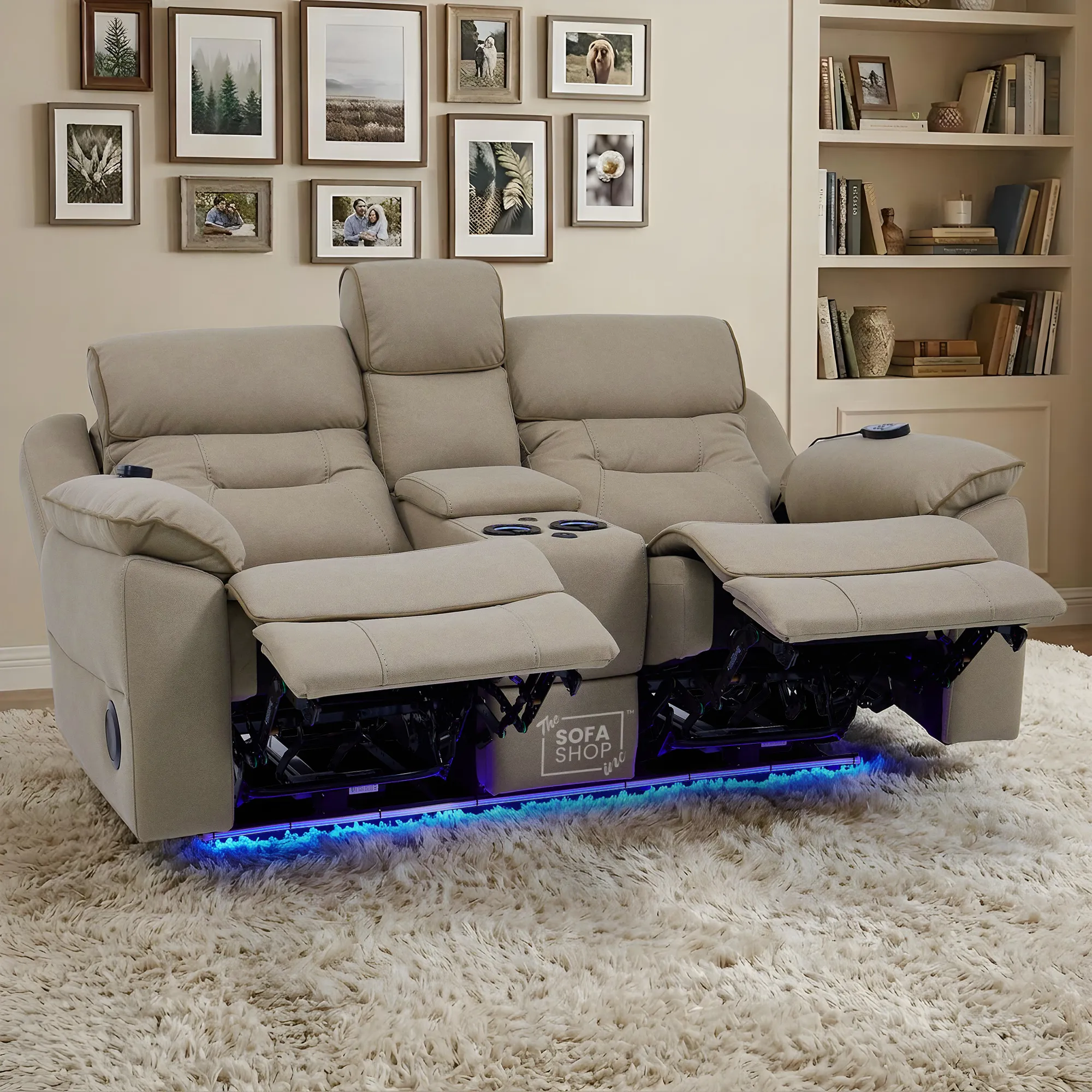 2 Seater Beige Fabric Electric Recliner Cinema Sofa | Hi-tech Recliner Couch With Massage Vibration, Heated Lumbar, Cooling & Heating Cupholders, Bluetooth & Multi-Link | Florence | The Sofa Shop - Image 3