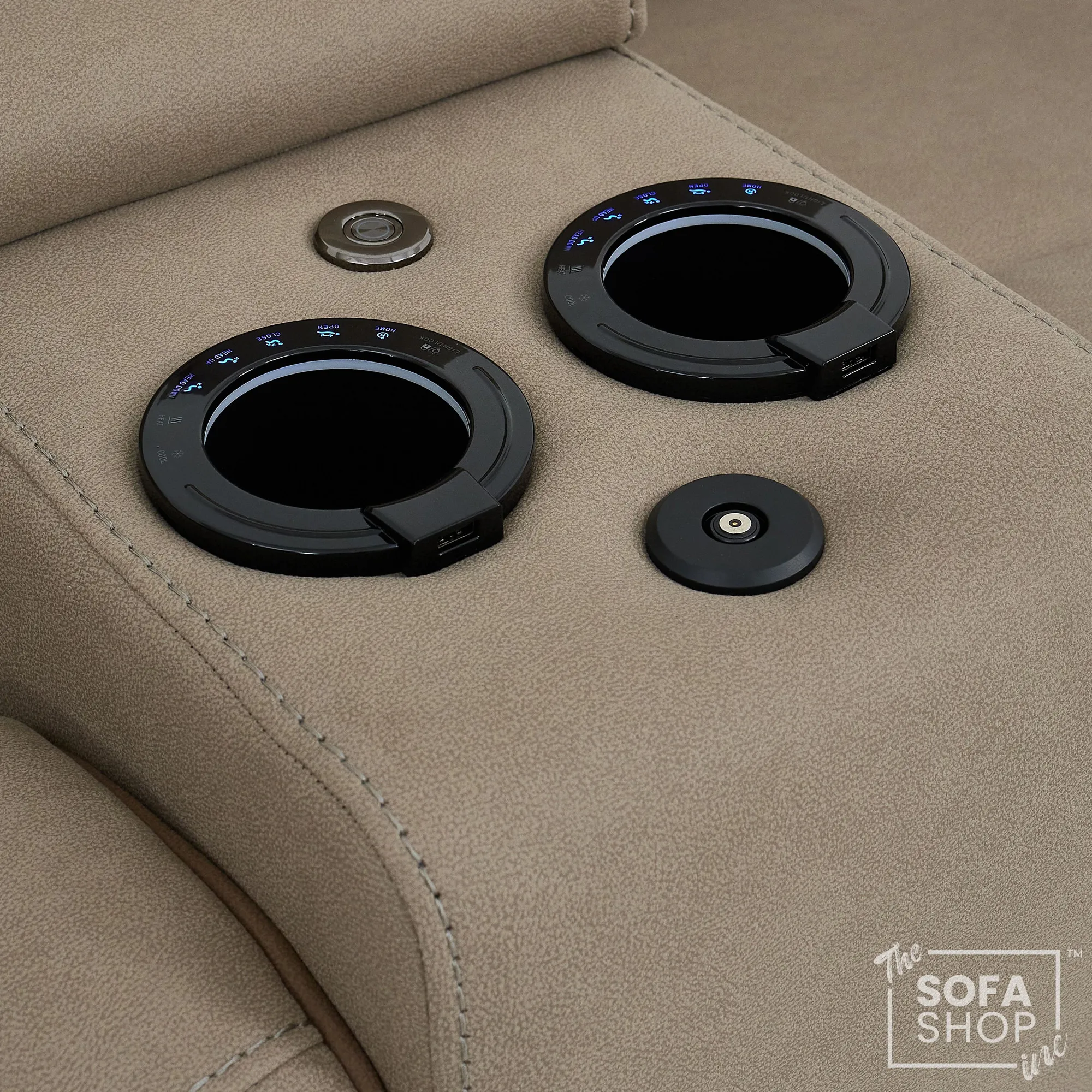 2 Seater Beige Fabric Electric Recliner Cinema Sofa | Hi-tech Recliner Couch With Massage Vibration, Heated Lumbar, Cooling & Heating Cupholders, Bluetooth & Multi-Link | Florence | The Sofa Shop - Image 8
