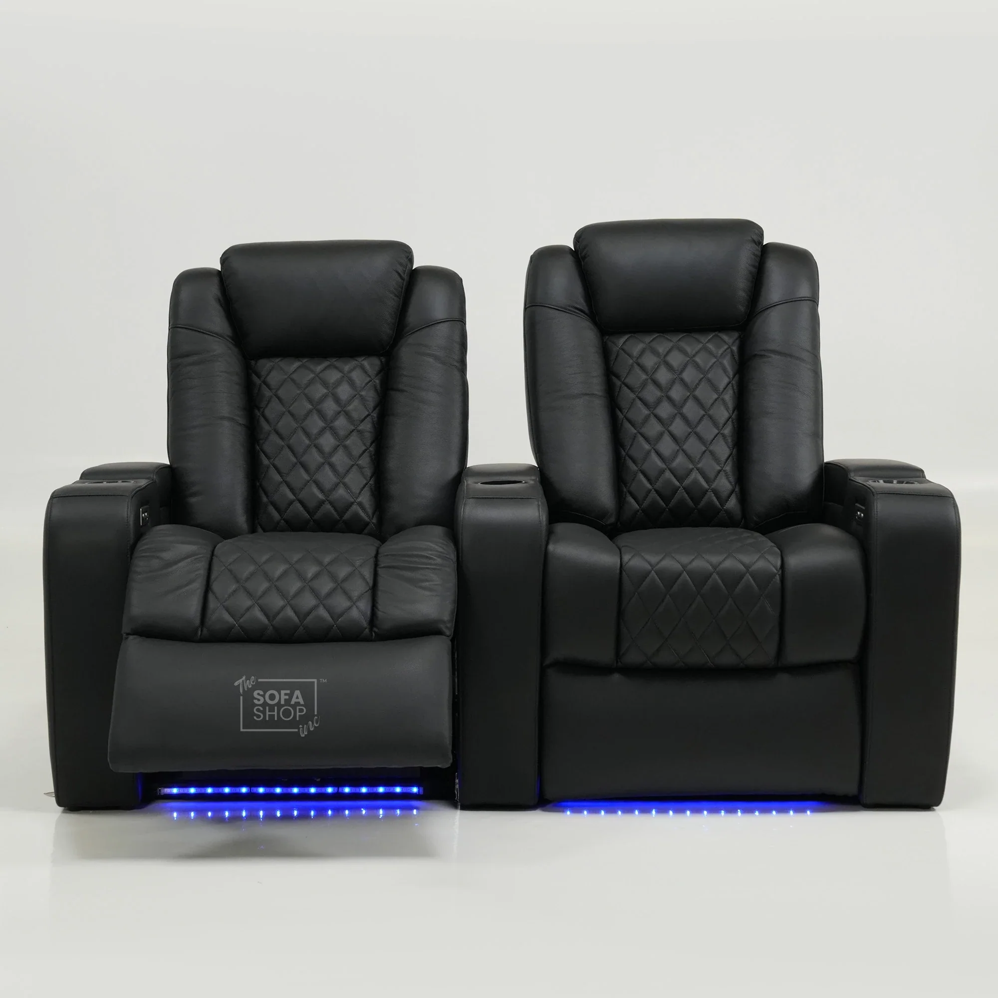 2 Seater Cinema Sofa in Black Real Leather | Hi-Tech Console Couch with Power Recline + Power Headrests + Console Storage + Cup Holders + LED Base Light | Sample |Milano | The Sofa Shop - Image 10