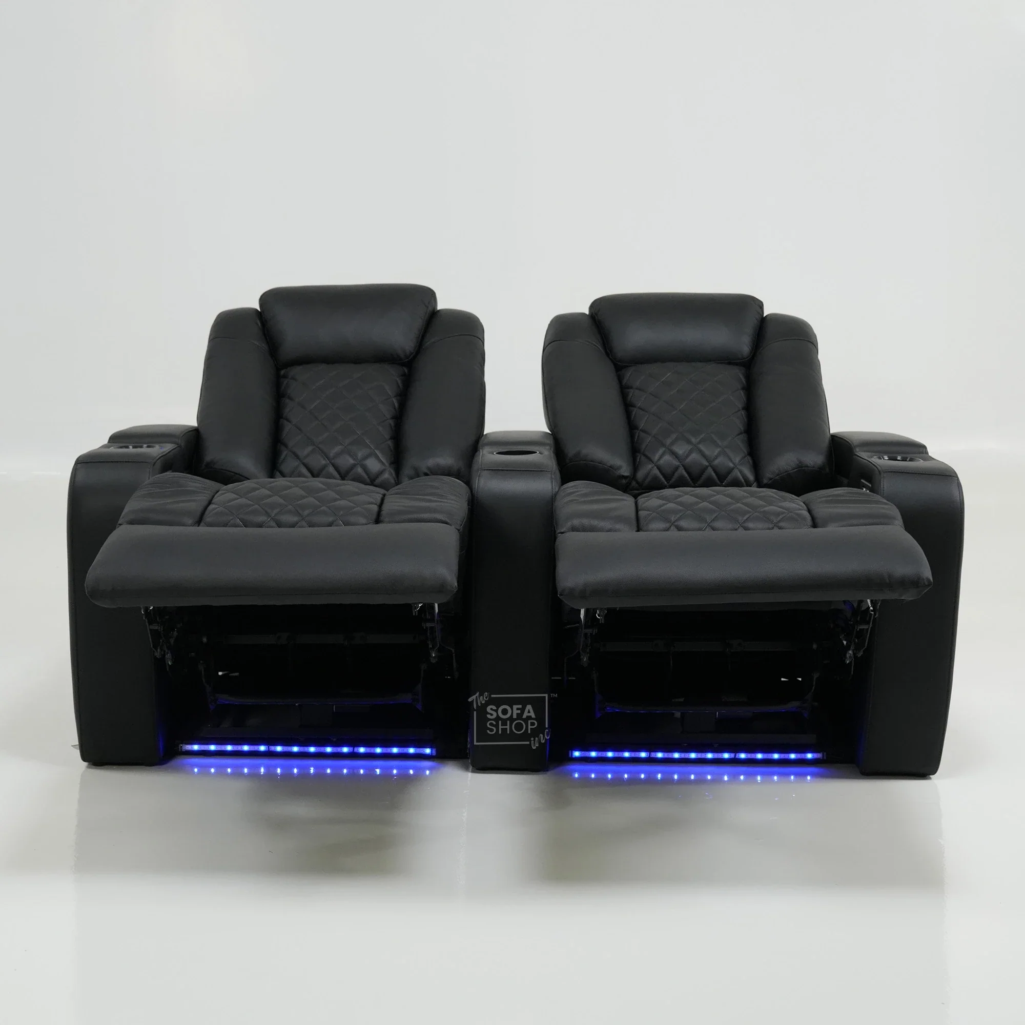 2 Seater Cinema Sofa in Black Real Leather | Hi-Tech Console Couch with Power Recline + Power Headrests + Console Storage + Cup Holders + LED Base Light | Sample |Milano | The Sofa Shop - Image 11