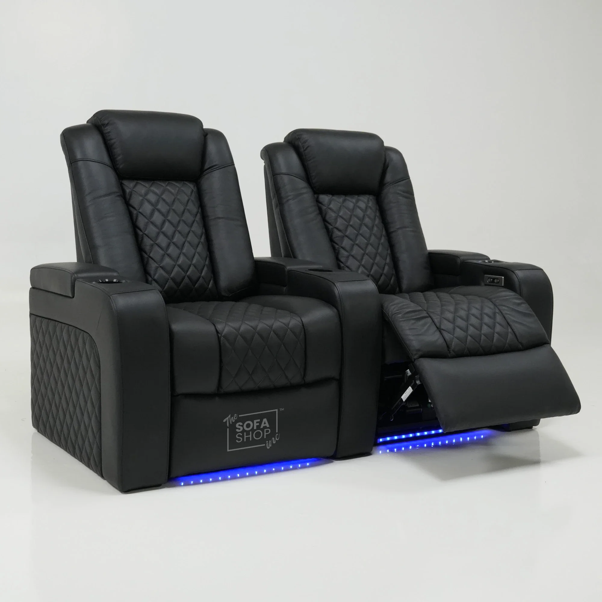 2 Seater Cinema Sofa in Black Real Leather | Hi-Tech Console Couch with Power Recline + Power Headrests + Console Storage + Cup Holders + LED Base Light | Sample |Milano | The Sofa Shop - Image 12