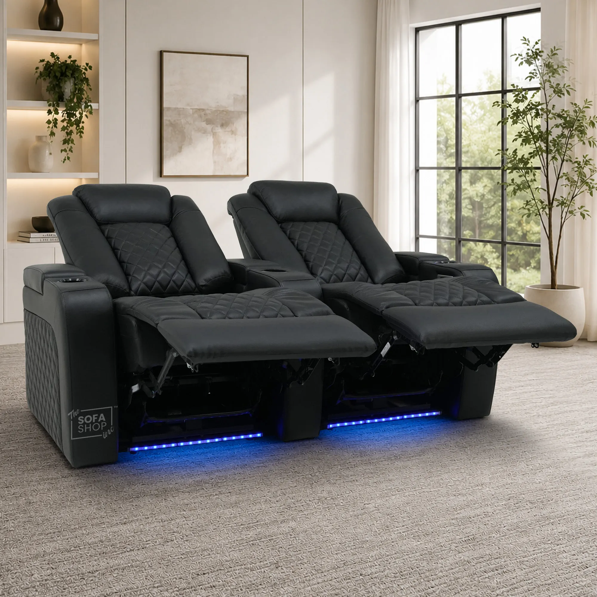2 Seater Cinema Sofa in Black Real Leather | Hi-Tech Console Couch with Power Recline + Power Headrests + Console Storage + Cup Holders + LED Base Light | Sample |Milano | The Sofa Shop - Image 3