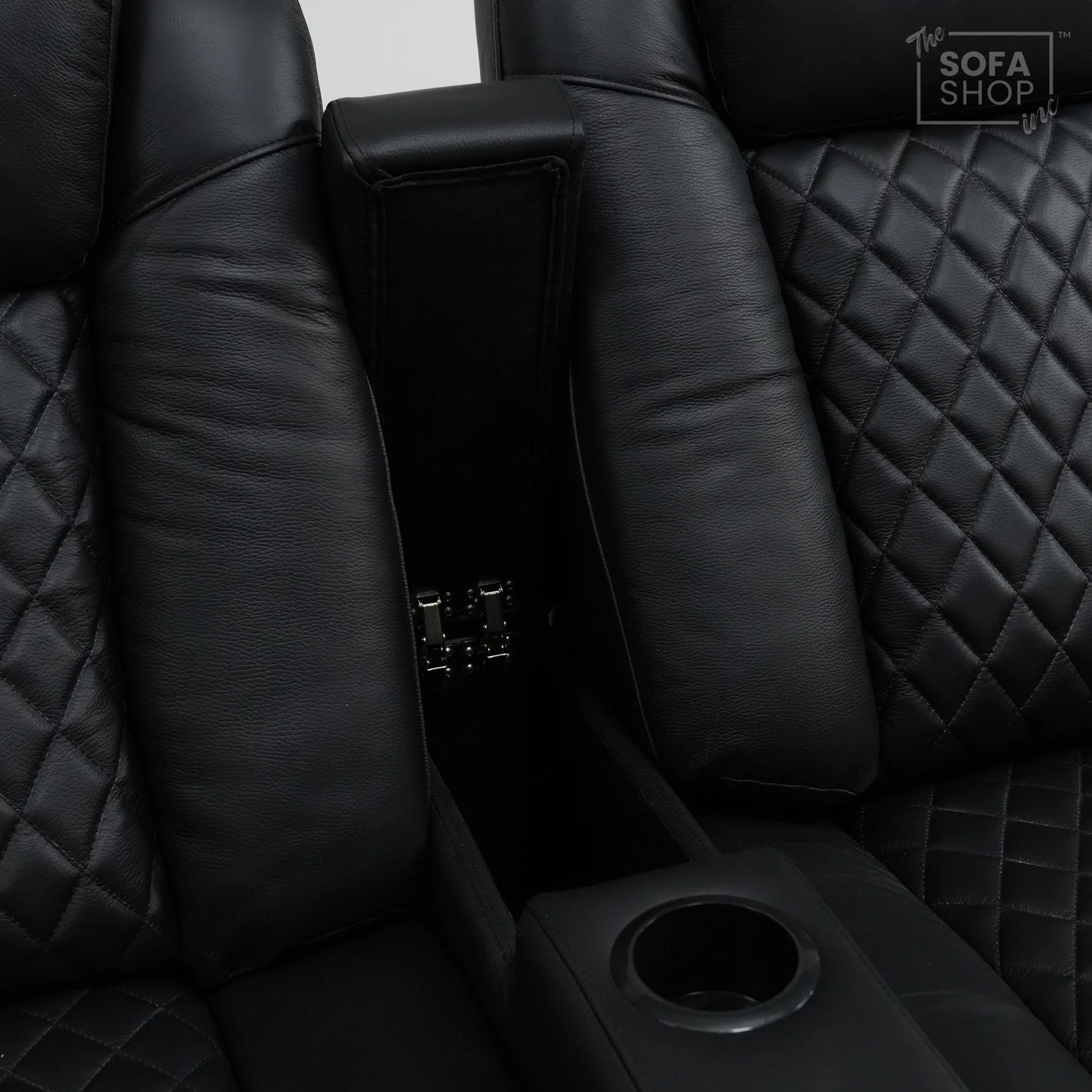 2 Seater Cinema Sofa in Black Real Leather | Hi-Tech Console Couch with Power Recline + Power Headrests + Console Storage + Cup Holders + LED Base Light | Sample |Milano | The Sofa Shop - Image 6