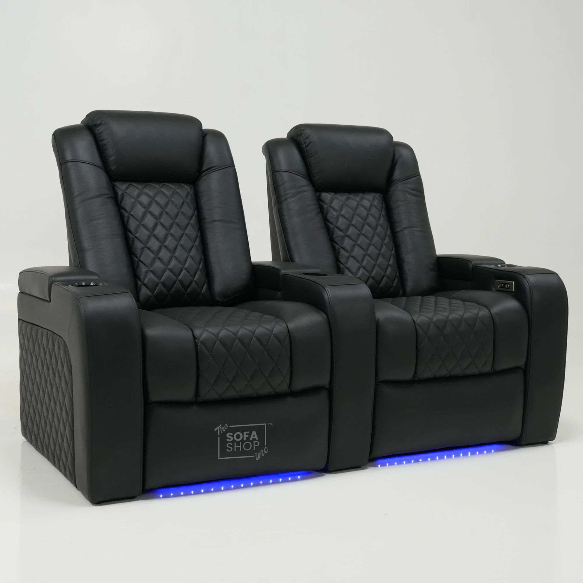 2 Seater Cinema Sofa in Black Real Leather | Hi-Tech Console Couch with Power Recline + Power Headrests + Console Storage + Cup Holders + LED Base Light | Sample |Milano | The Sofa Shop - Image 9