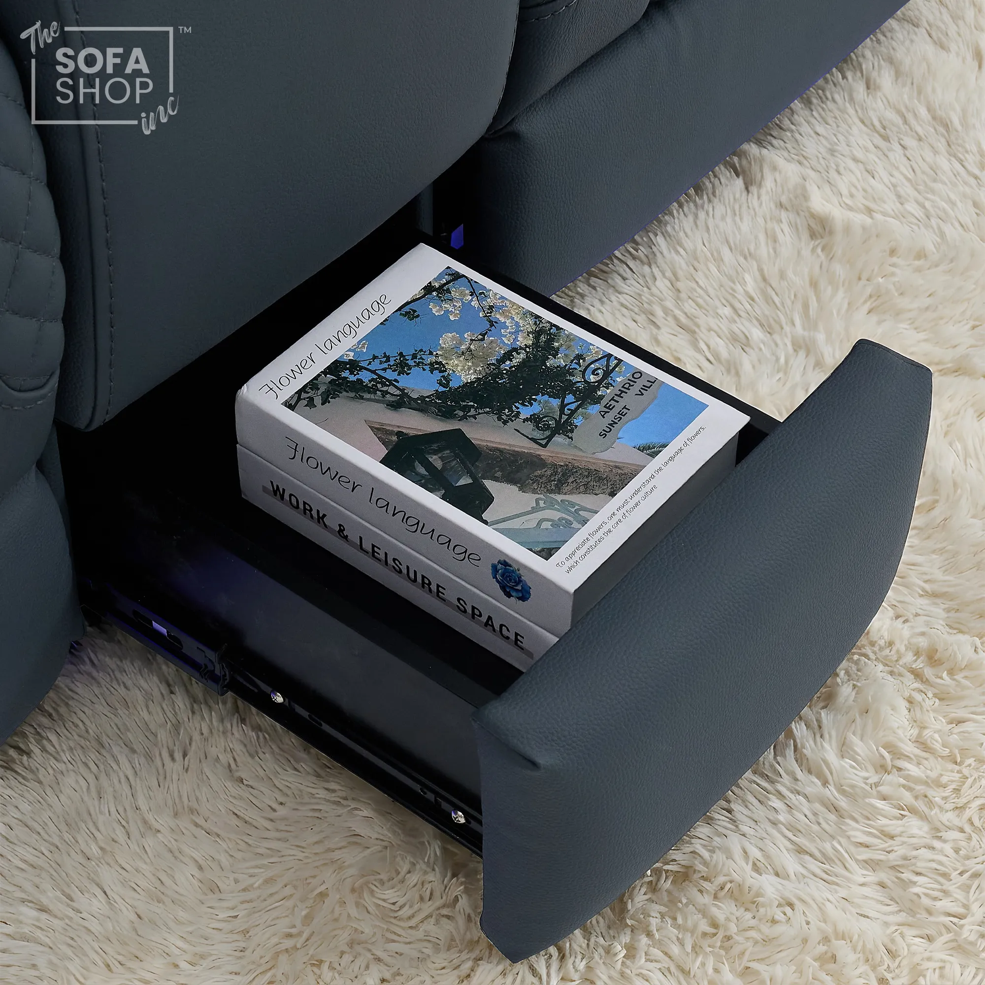 2 Seater Cinema Sofa in Blue Genuine Leather | Hi-Tech Settee with Power Recline + Power Headrests + Power Grommets + Speakers + Cooling & Heating Cupholders | Napoli | The Sofa Shop - Image 17