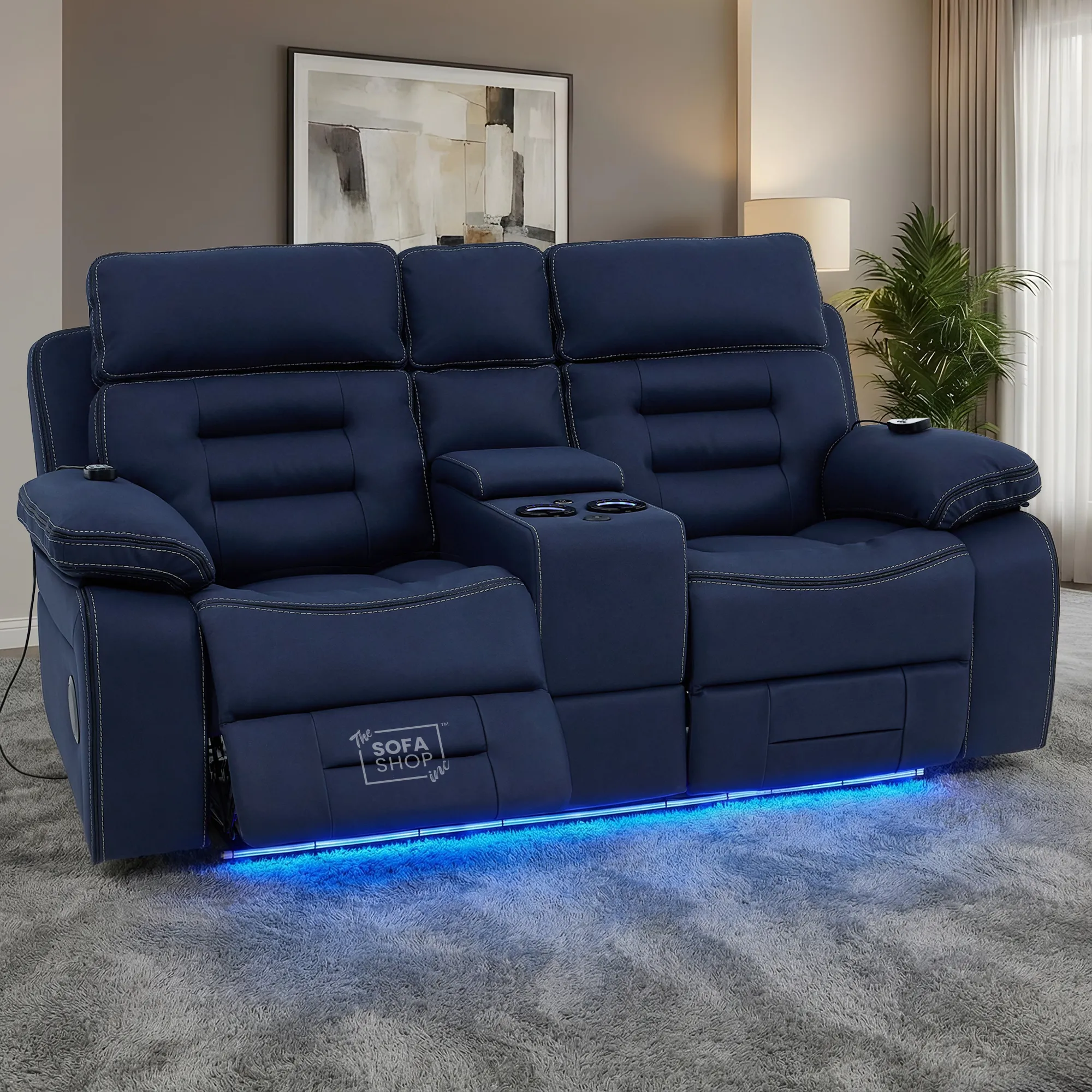 2 Seater Blue Fabric Electric Recliner Cinema Sofa Console | Hi-Tech Sofa with Massage, Multi-Link Bluetooth, Cooling & Heating Cupholders | Tuscany | The Sofa Shop