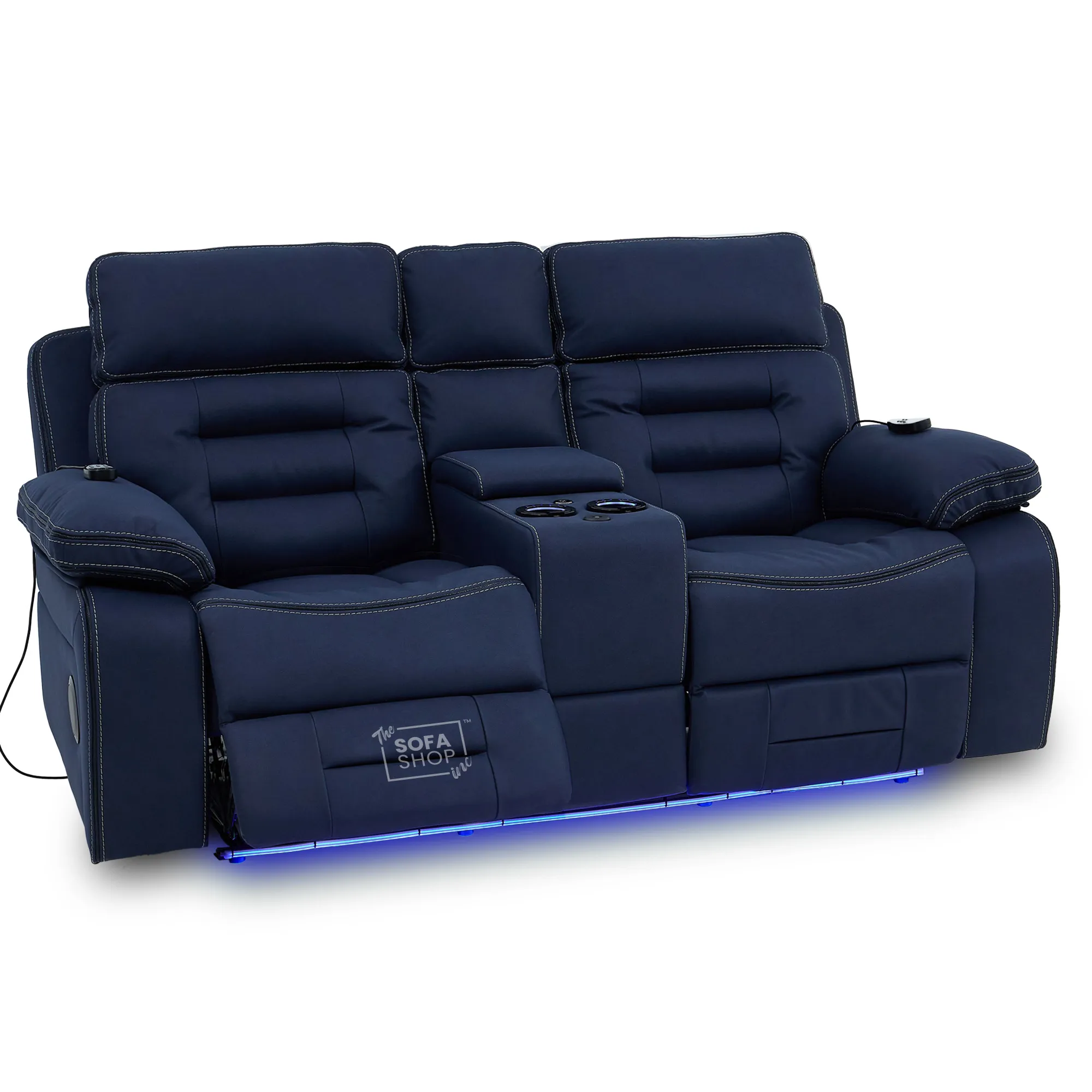 2 Seater Blue Fabric Electric Recliner Cinema Sofa Console | Hi-Tech Sofa with Massage, Multi-Link Bluetooth, Cooling & Heating Cupholders | Tuscany | The Sofa Shop - Image 15