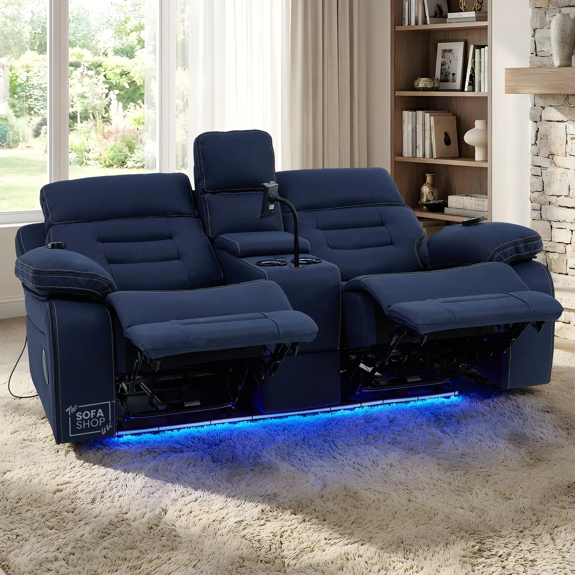 2 Seater Blue Fabric Electric Recliner Cinema Sofa Console | Hi-Tech Sofa with Massage, Multi-Link Bluetooth, Cooling & Heating Cupholders | Tuscany | The Sofa Shop - Image 3