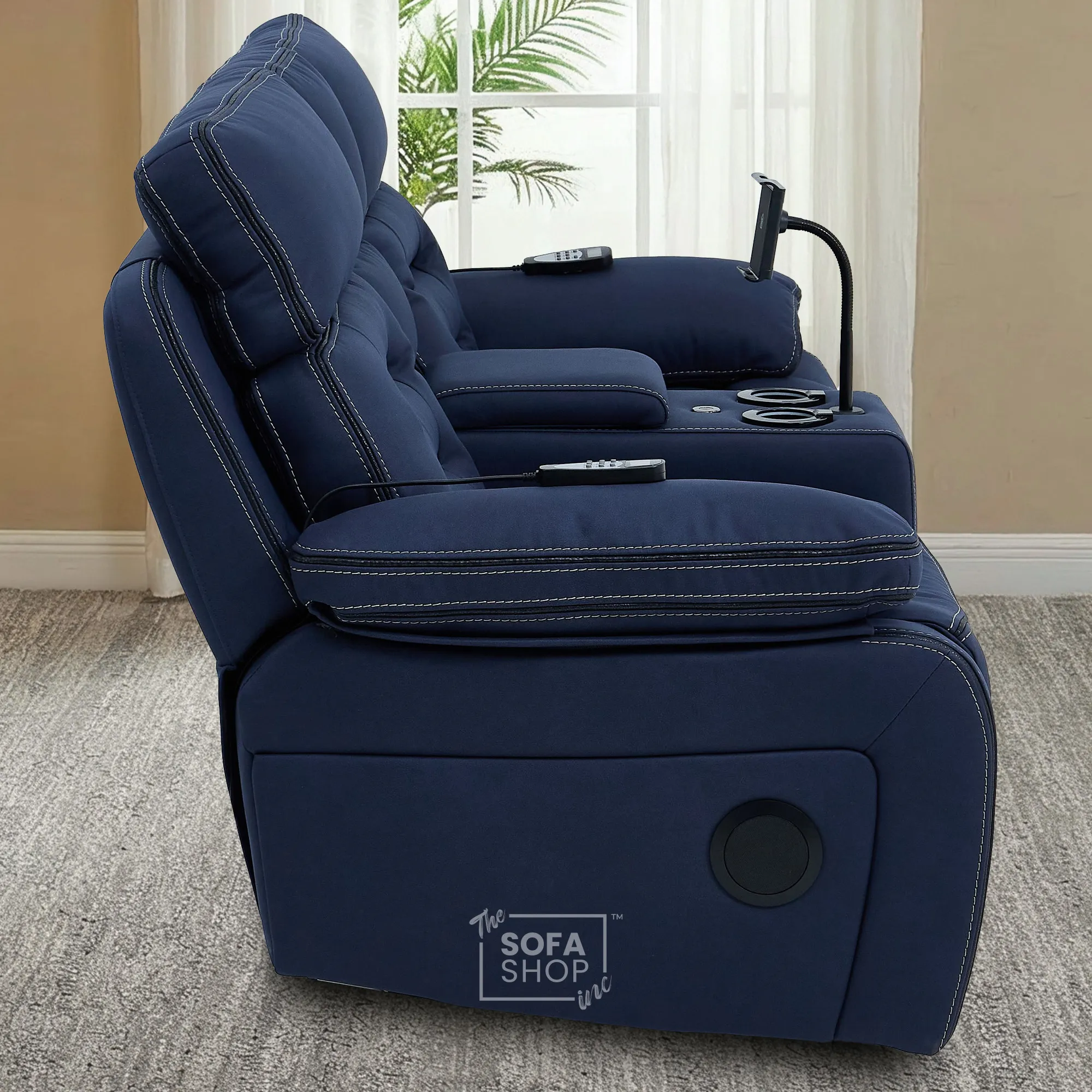 2 Seater Blue Fabric Electric Recliner Cinema Sofa Console | Hi-Tech Sofa with Massage, Multi-Link Bluetooth, Cooling & Heating Cupholders | Tuscany | The Sofa Shop - Image 6
