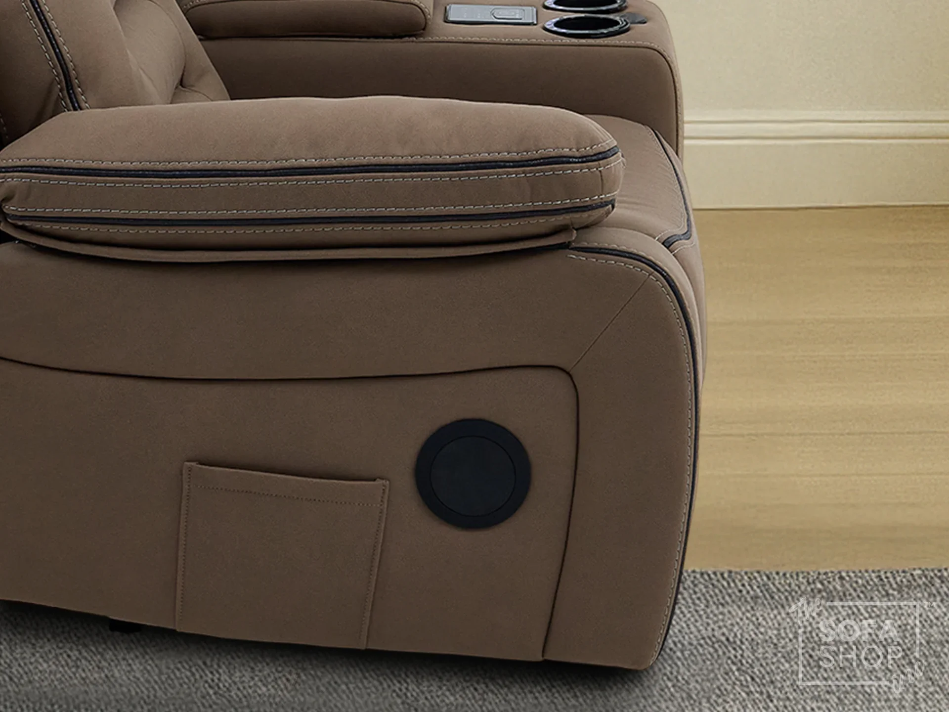 2 Seater Electric Recliner Cinema Sofa in Brown Fabric | Hi-Tech Sofa with USB, Speakers, Power Headrest, Storage Console & Chilled Cup Holders | Tuscany Series One - Image 12