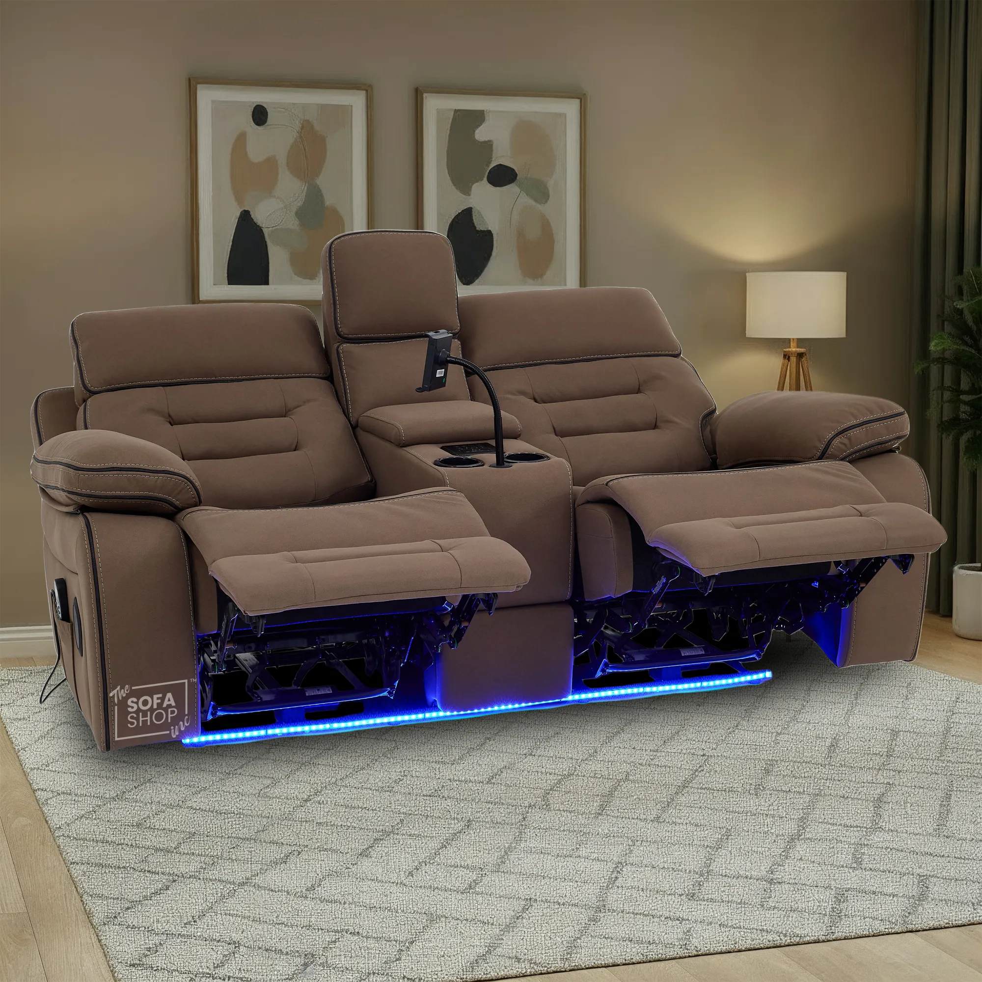 2 Seater Electric Recliner Cinema Sofa in Brown Fabric | Hi-Tech Sofa with 8-Point Massage, USB, Speakers, Power Headrest, Storage & Chilled Cup Holders | Tuscany | The Sofa Shop - Image 3