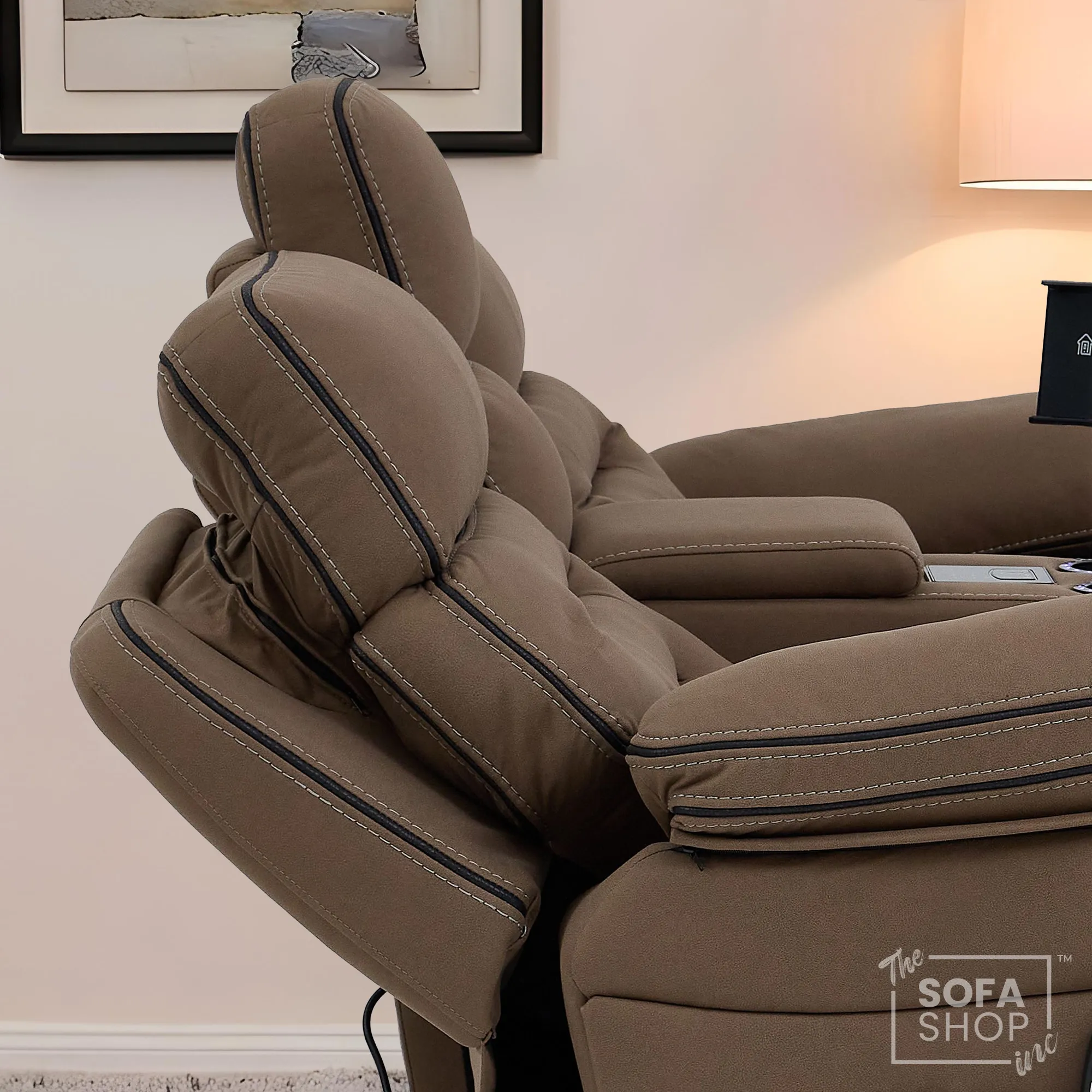 2 Seater Electric Recliner Cinema Sofa in Brown Fabric | Hi-Tech Sofa with 8-Point Massage, USB, Speakers, Power Headrest, Storage & Chilled Cup Holders | Tuscany | The Sofa Shop - Image 4