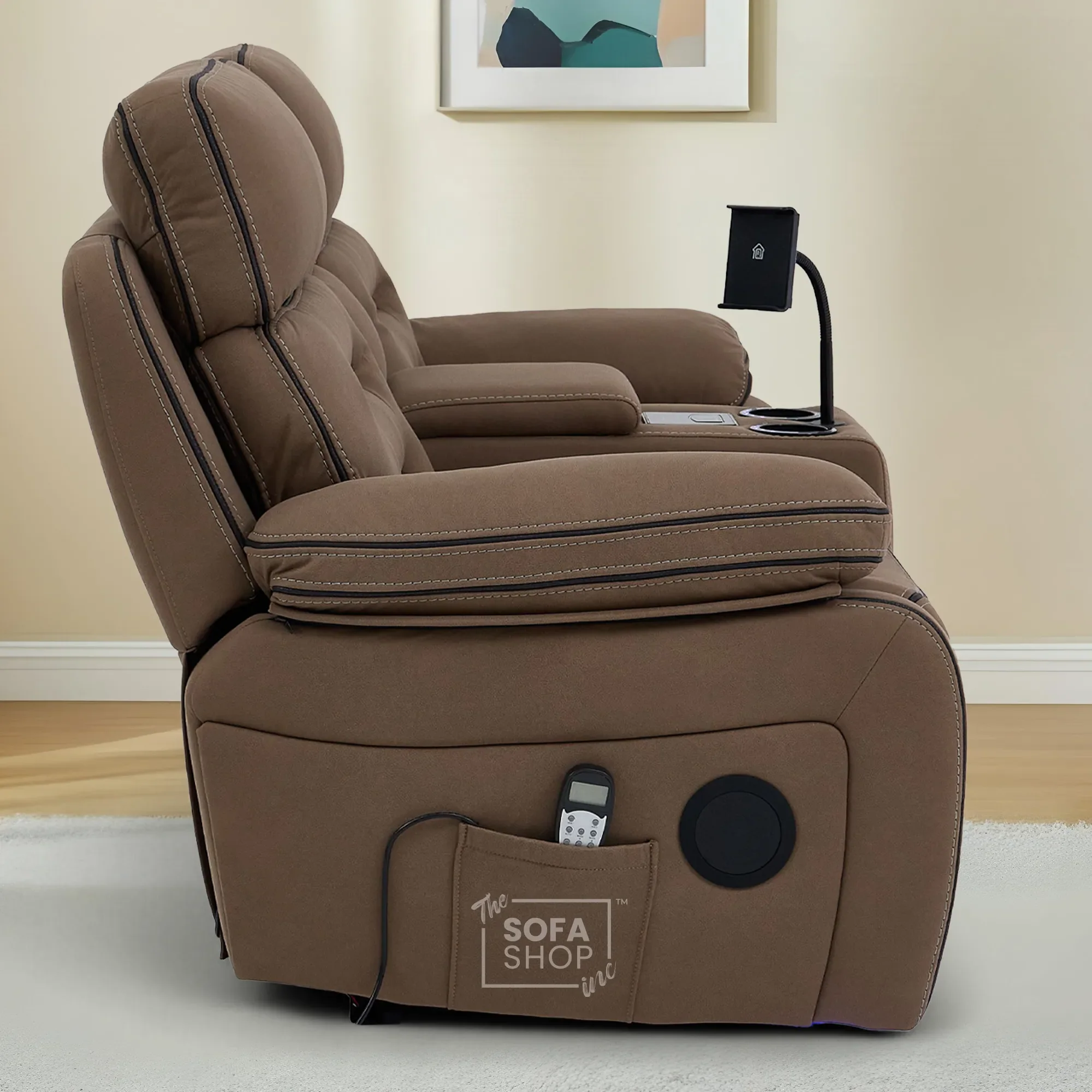 2 Seater Electric Recliner Cinema Sofa in Brown Fabric | Hi-Tech Sofa with 8-Point Massage, USB, Speakers, Power Headrest, Storage & Chilled Cup Holders | Tuscany | The Sofa Shop - Image 5