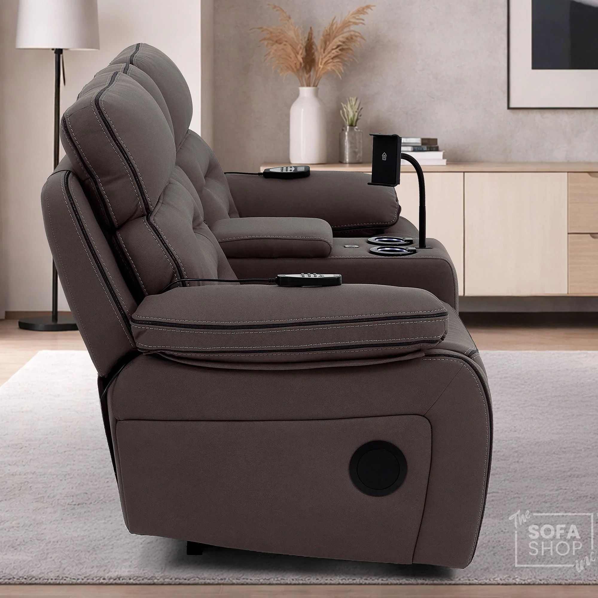 2 Seater Electric Recliner Cinema Sofa in Dark Brown Fabric | Smart Sofa with Massage, Heat, Bluetooth Speakers, Cooling & Heating Cupholders, Power Headrests | Tuscany - Image 6