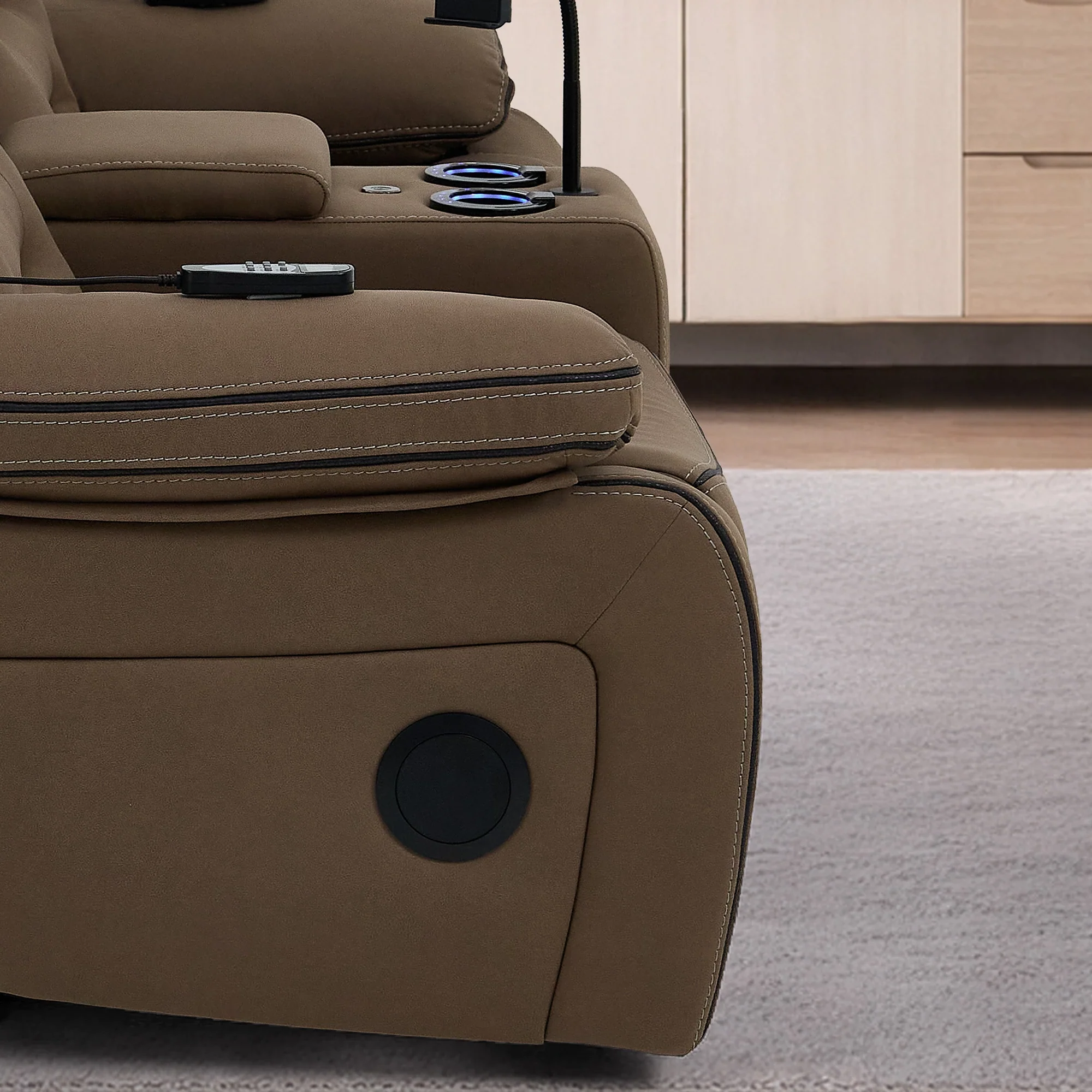 2 Seater Mocha Brown Fabric Electric Recliner Cinema Sofa with Massage, Heated Lumbar, Console, Bluetooth Speakers & LED Lights | Tuscany | The Sofa Shop - Image 11