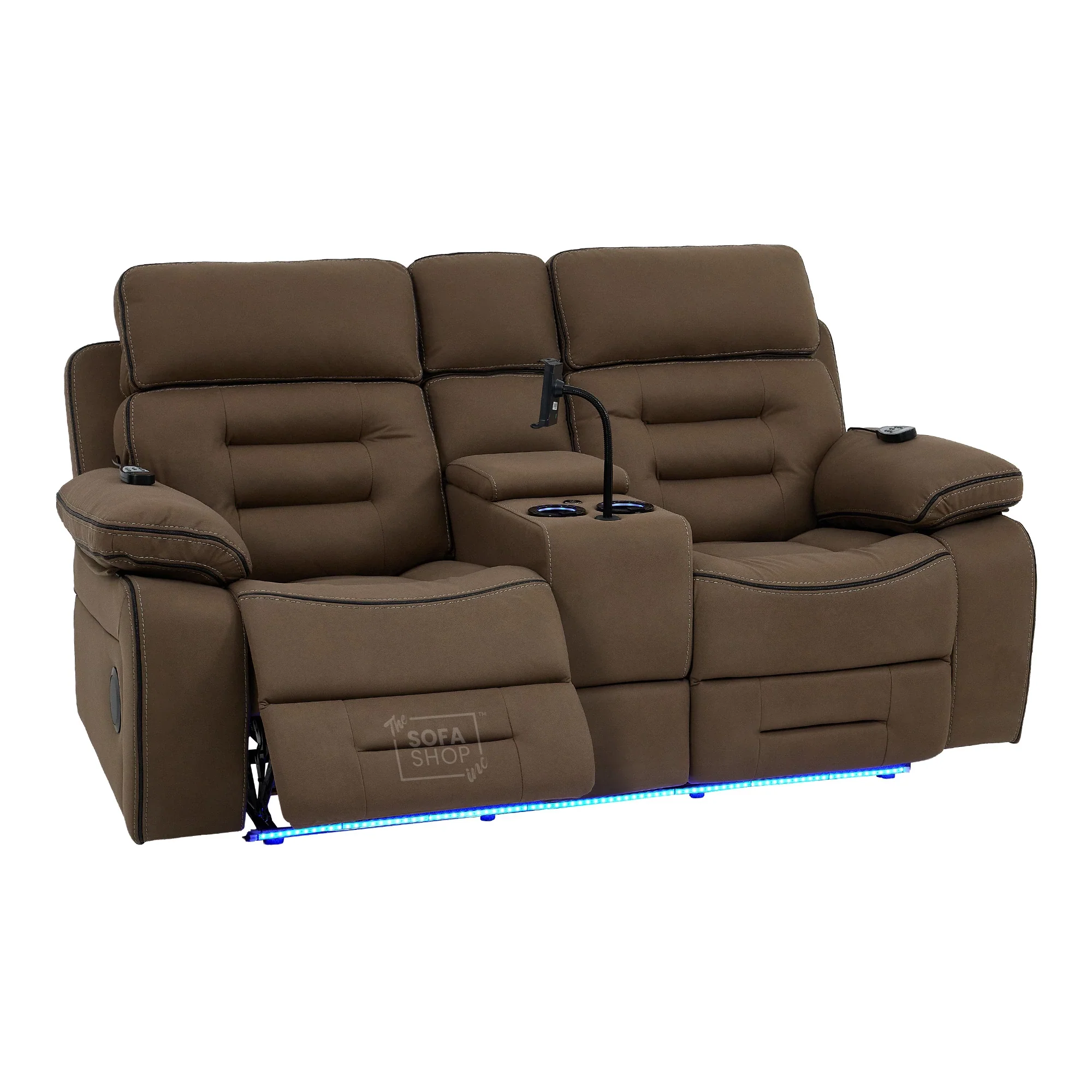 2 Seater Mocha Brown Fabric Electric Recliner Cinema Sofa with Massage, Heated Lumbar, Console, Bluetooth Speakers & LED Lights | Tuscany | The Sofa Shop - Image 13