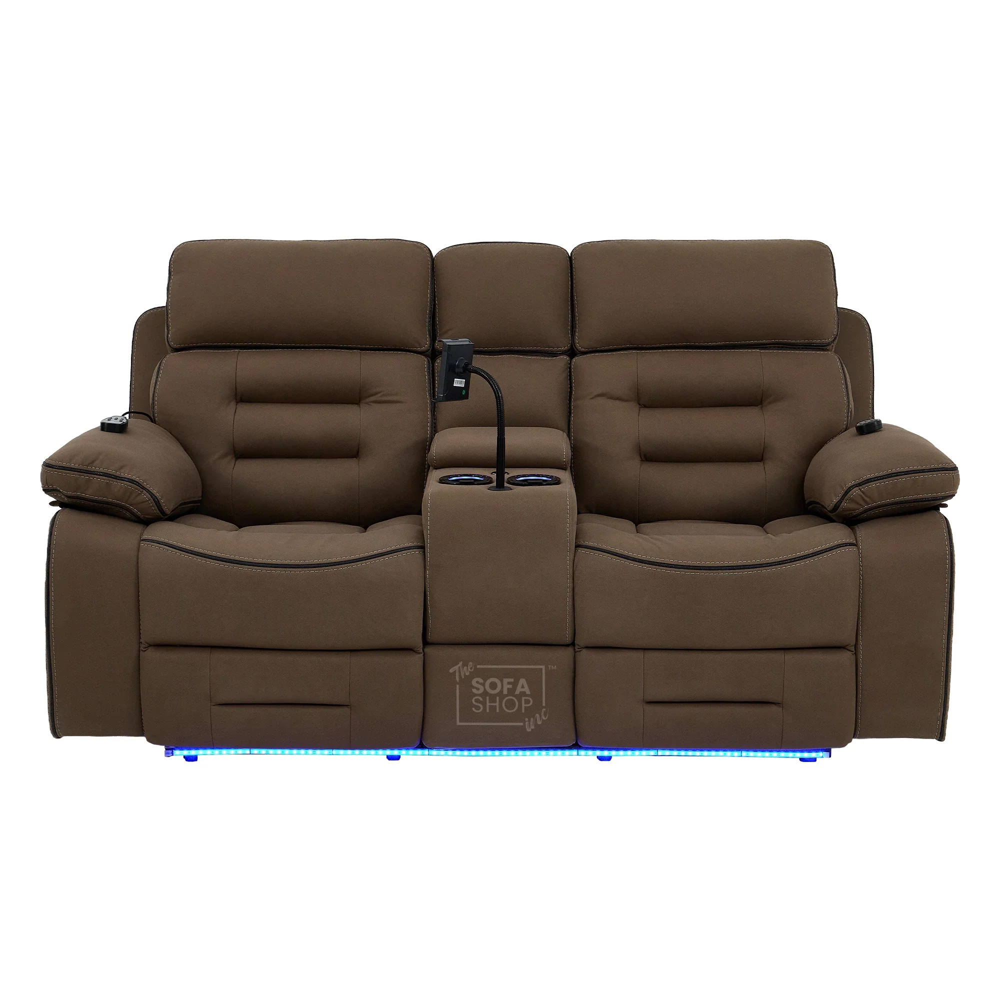 2 Seater Mocha Brown Fabric Electric Recliner Cinema Sofa with Massage, Heated Lumbar, Console, Bluetooth Speakers & LED Lights | Tuscany | The Sofa Shop - Image 14