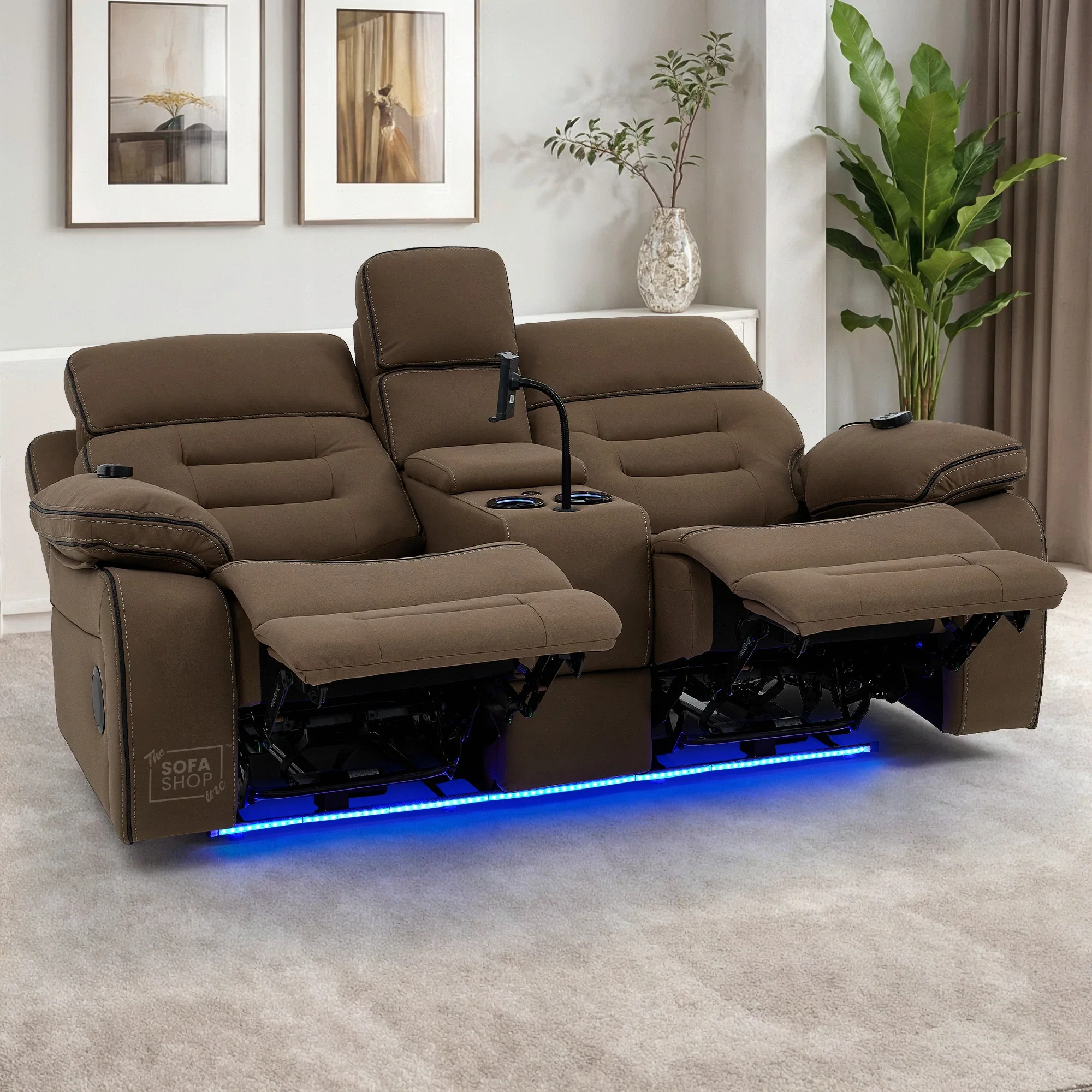 2 Seater Mocha Brown Fabric Electric Recliner Cinema Sofa with Massage, Heated Lumbar, Console, Bluetooth Speakers & LED Lights | Tuscany | The Sofa Shop - Image 3
