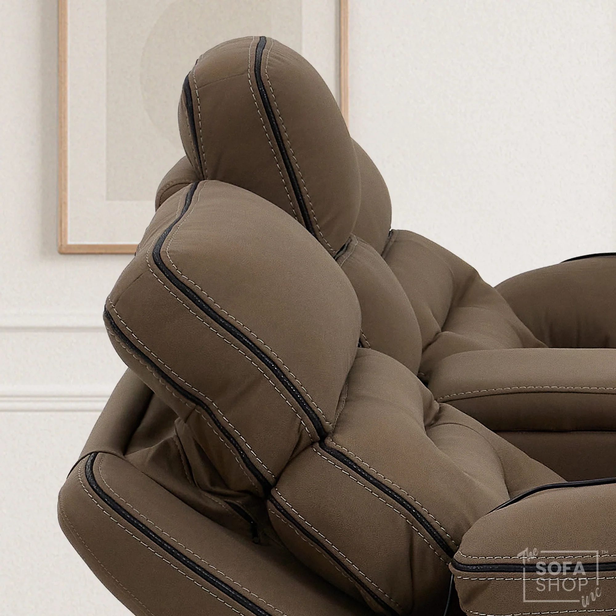 2 Seater Mocha Brown Fabric Electric Recliner Cinema Sofa with Massage, Heated Lumbar, Console, Bluetooth Speakers & LED Lights | Tuscany | The Sofa Shop - Image 4