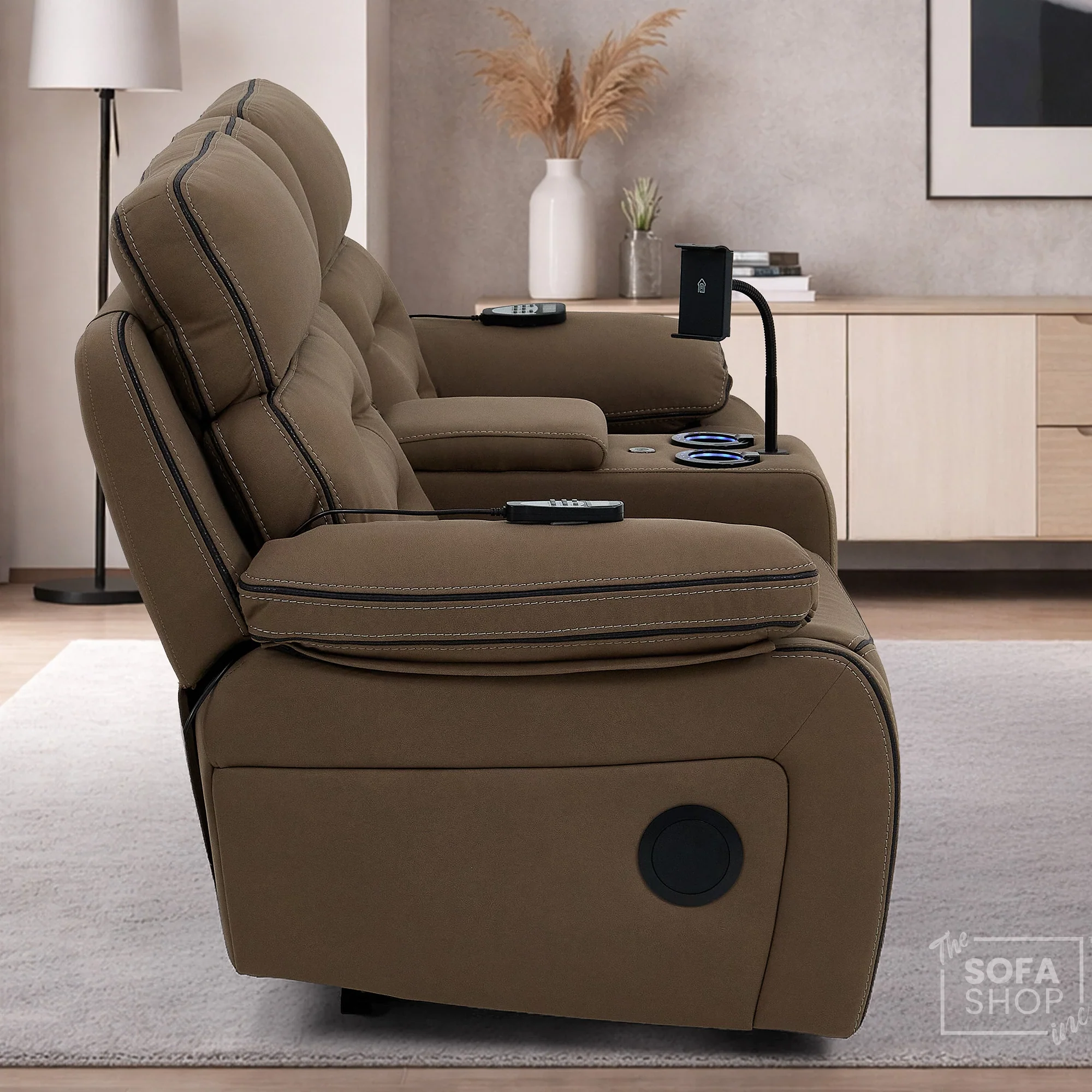 2 Seater Mocha Brown Fabric Electric Recliner Cinema Sofa with Massage, Heated Lumbar, Console, Bluetooth Speakers & LED Lights | Tuscany | The Sofa Shop - Image 6