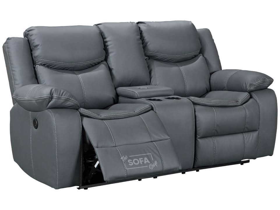 2 Seater Cinema Sofa in Grey Super Fiber Leather | Hi-Tech Console Couch with Power Recline + USB Charging + Wireless Charging + Console Storage + Cup Holders | Highgate | The Sofa Shop - Image 12