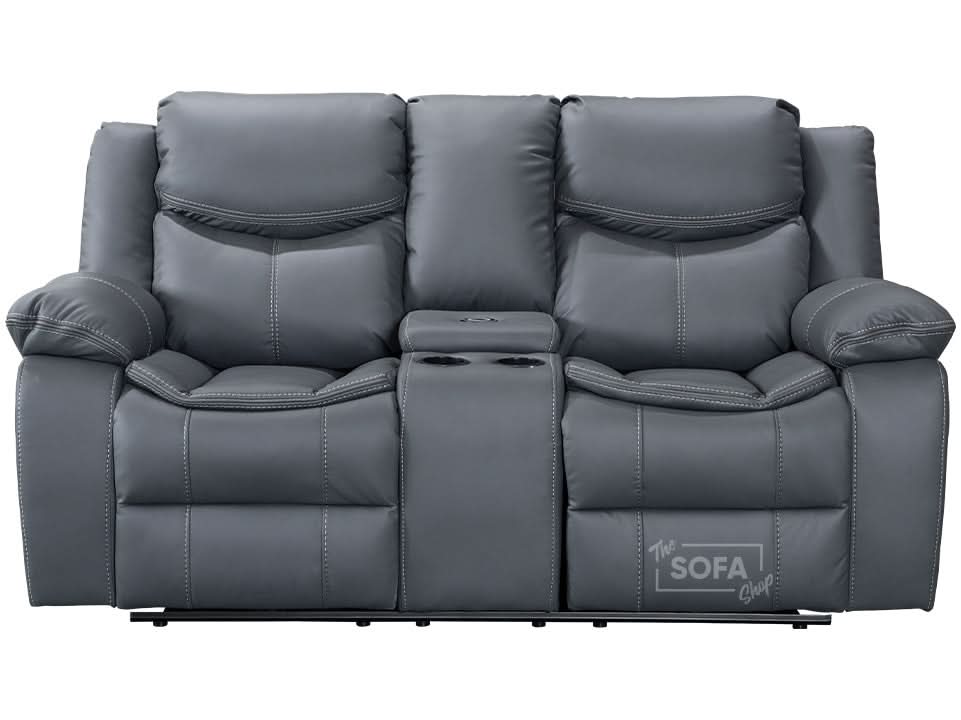 2 Seater Cinema Sofa in Grey Super Fiber Leather | Hi-Tech Console Couch with Power Recline + USB Charging + Wireless Charging + Console Storage + Cup Holders | Highgate | The Sofa Shop - Image 14