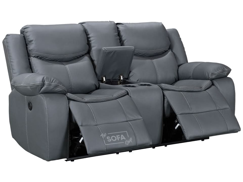 2 Seater Cinema Sofa in Grey Super Fiber Leather | Hi-Tech Console Couch with Power Recline + USB Charging + Wireless Charging + Console Storage + Cup Holders | Highgate | The Sofa Shop - Image 5