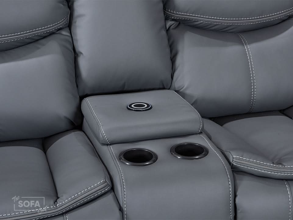 2 Seater Cinema Sofa in Grey Super Fiber Leather | Hi-Tech Console Couch with Power Recline + USB Charging + Wireless Charging + Console Storage + Cup Holders | Highgate | The Sofa Shop - Image 8