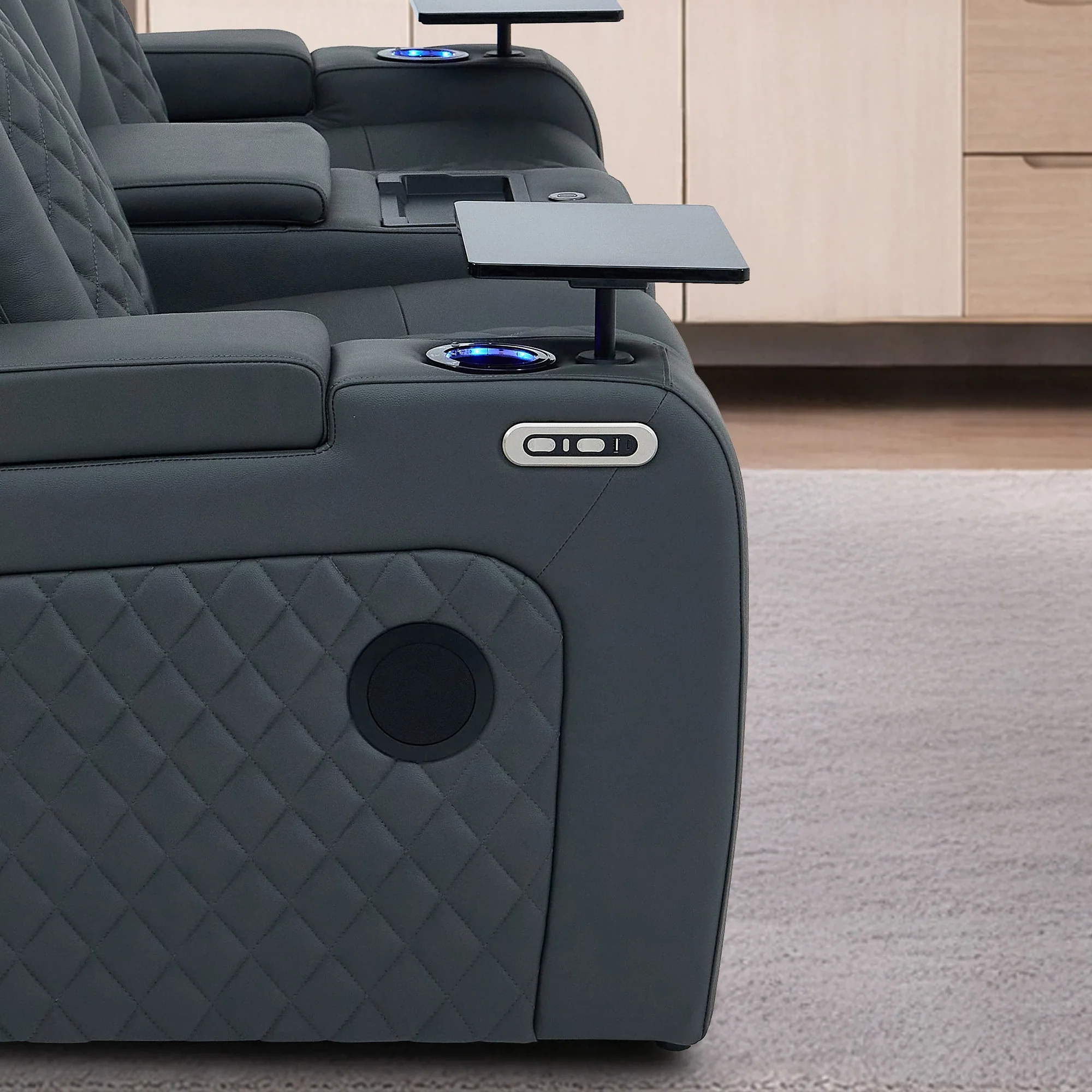 2 Seater Grey Real Leather Electric Recliner Cinema Sofa | Hi-Tech Couch With Power Headrest, Bluetooth Speakers, Wireless Charging, Cooling + Heating Cup Holder & Power Grommet  | Milano - Image 17