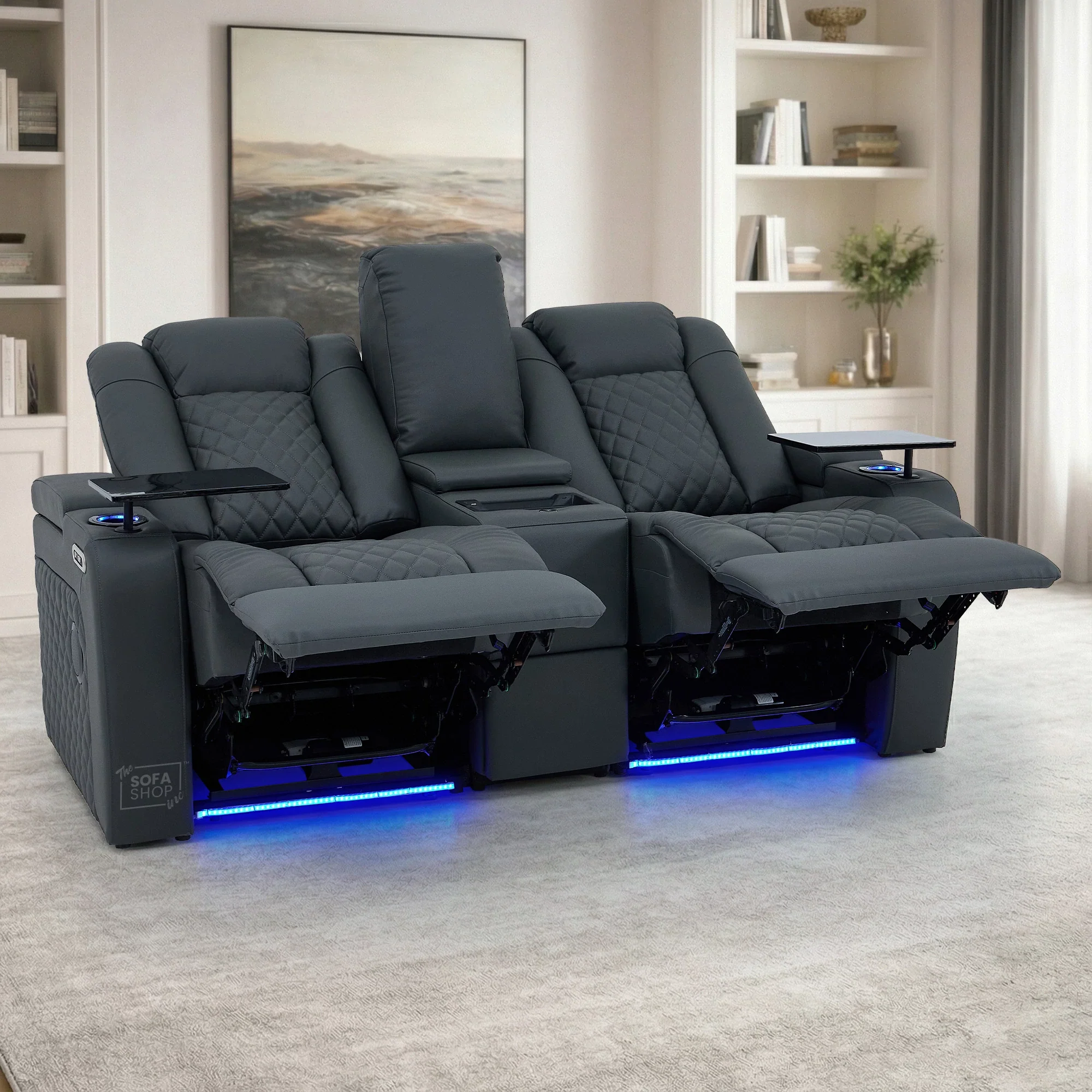 2 Seater Grey Real Leather Electric Recliner Cinema Sofa | Hi-Tech Couch With Power Headrest, Bluetooth Speakers, Wireless Charging, Cooling + Heating Cup Holder & Power Grommet  | Milano - Image 3