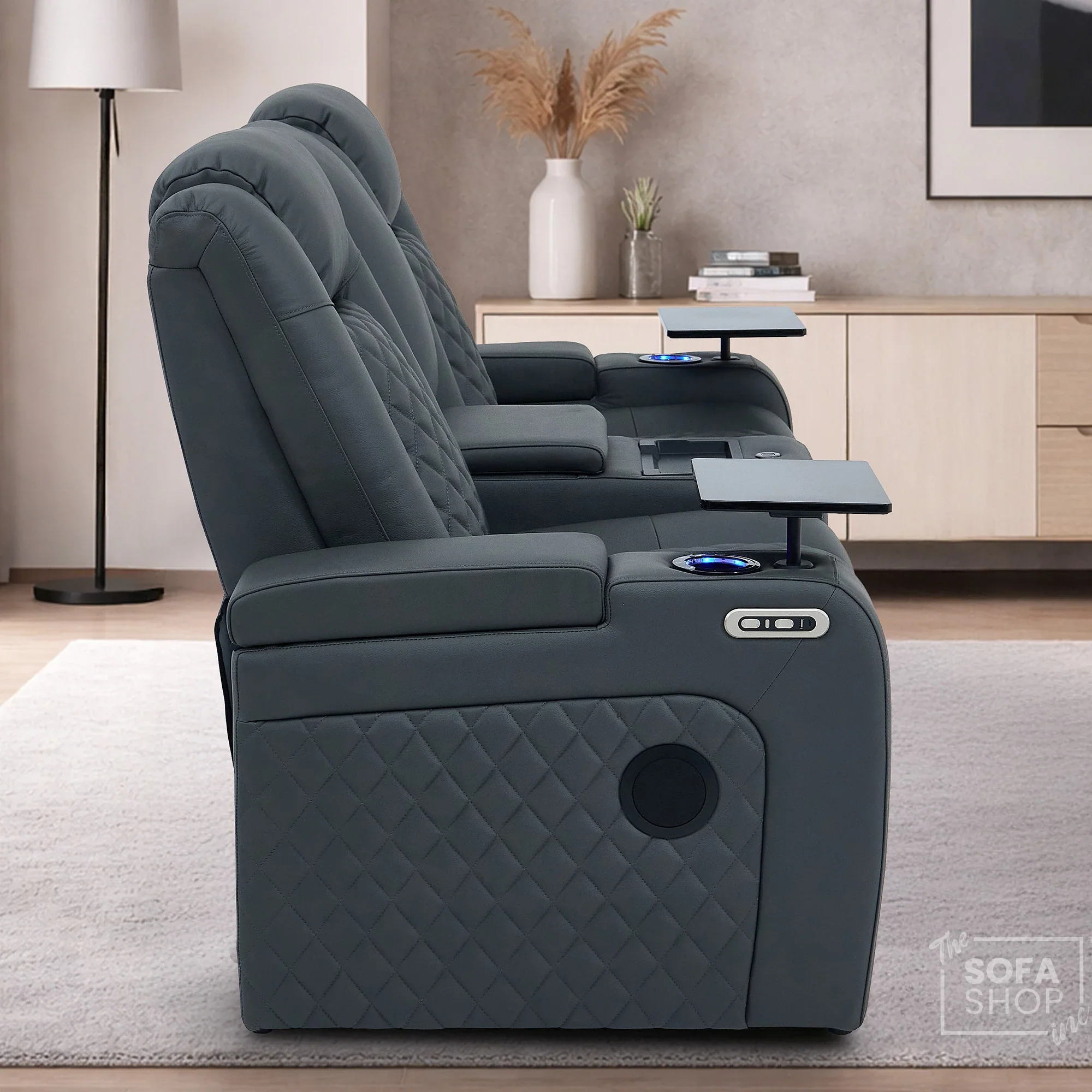 2 Seater Grey Real Leather Electric Recliner Cinema Sofa | Hi-Tech Couch With Power Headrest, Bluetooth Speakers, Wireless Charging, Cooling + Heating Cup Holder & Power Grommet  | Milano - Image 6