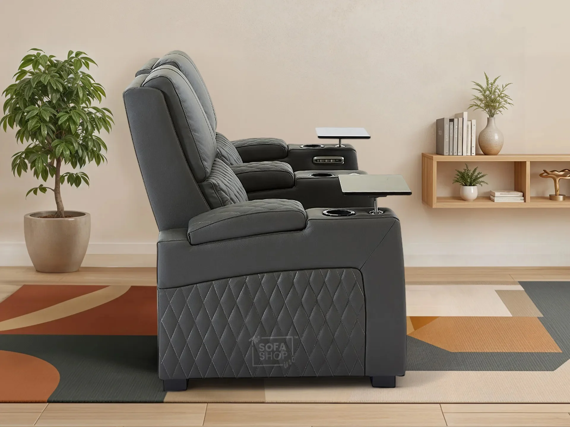 2 Seater Grey Real Leather Electric Recliner Cinema Sofa | Smart Recliner Sofa with Power Lumbar, Power Headrests, Cooling Cup Holders & Detachable Tray Tables | Assisi | The Sofa Shop - Image 3
