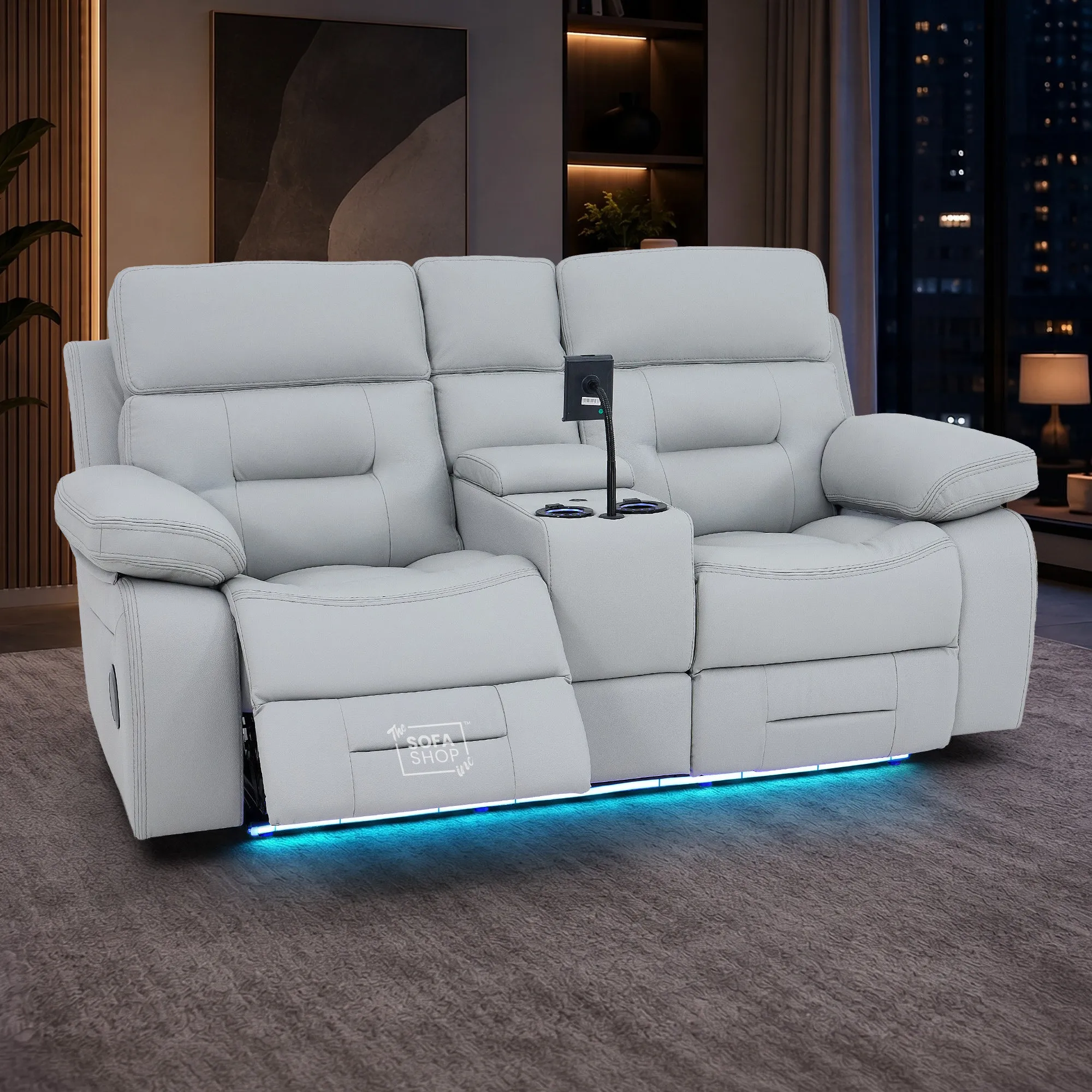 2 Seater Cinema Sofa in Light Grey Genuine Leather | Hi-Tech Sofa with Power Recline, Power Headrests, Speakers, Cooling Cupholders | Sicily | The Sofa Shop