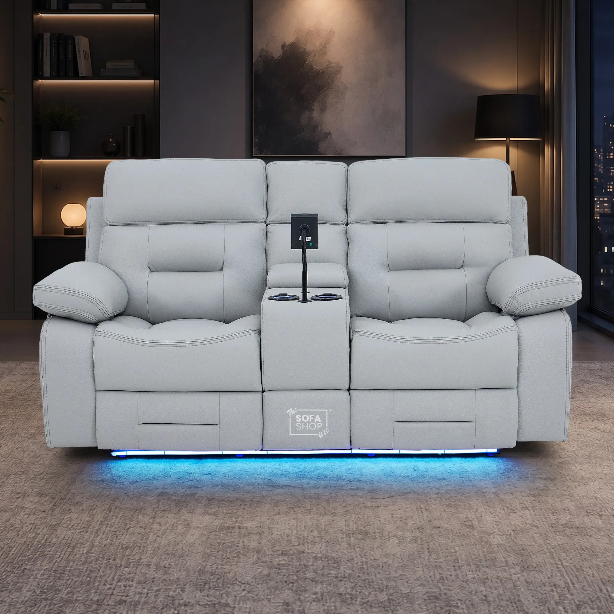2 Seater Cinema Sofa in Light Grey Genuine Leather | Hi-Tech Sofa with Power Recline, Power Headrests, Speakers, Cooling Cupholders | Sicily | The Sofa Shop - Image 2