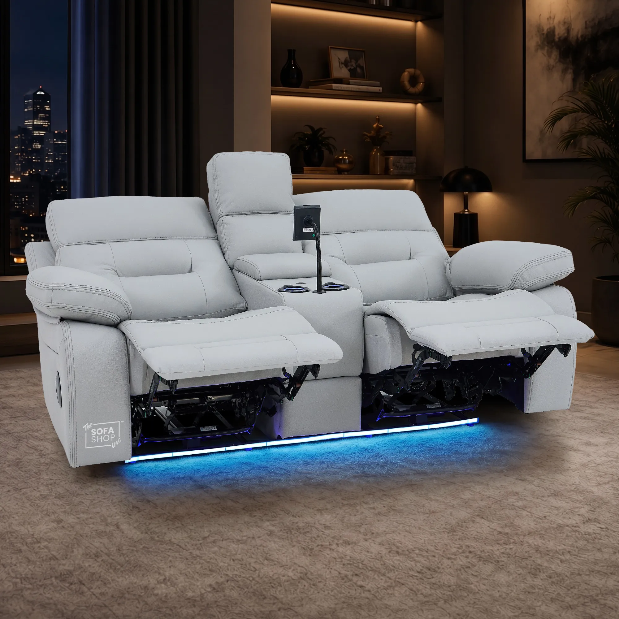 2 Seater Cinema Sofa in Light Grey Genuine Leather | Hi-Tech Sofa with Power Recline, Power Headrests, Speakers, Cooling Cupholders | Sicily | The Sofa Shop - Image 4