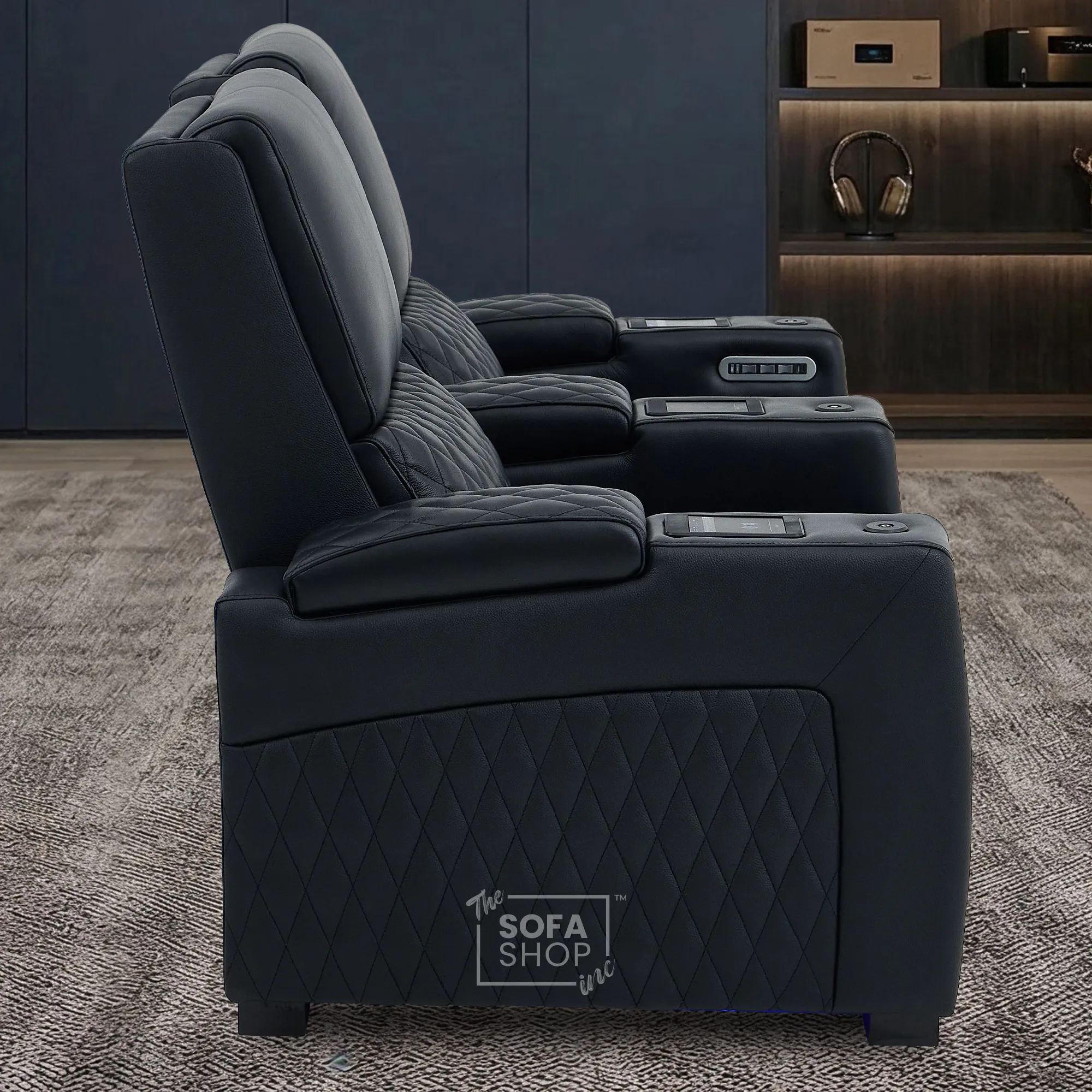 2 Seater Cinema Sofa in Black Real Leather | Electric Recliner Sofa With  Power Lumbar Support, Power Grommet, Wireless Charging, Heating & Cooling Cupholders | Assisi  | The Sofa Shop - Image 6