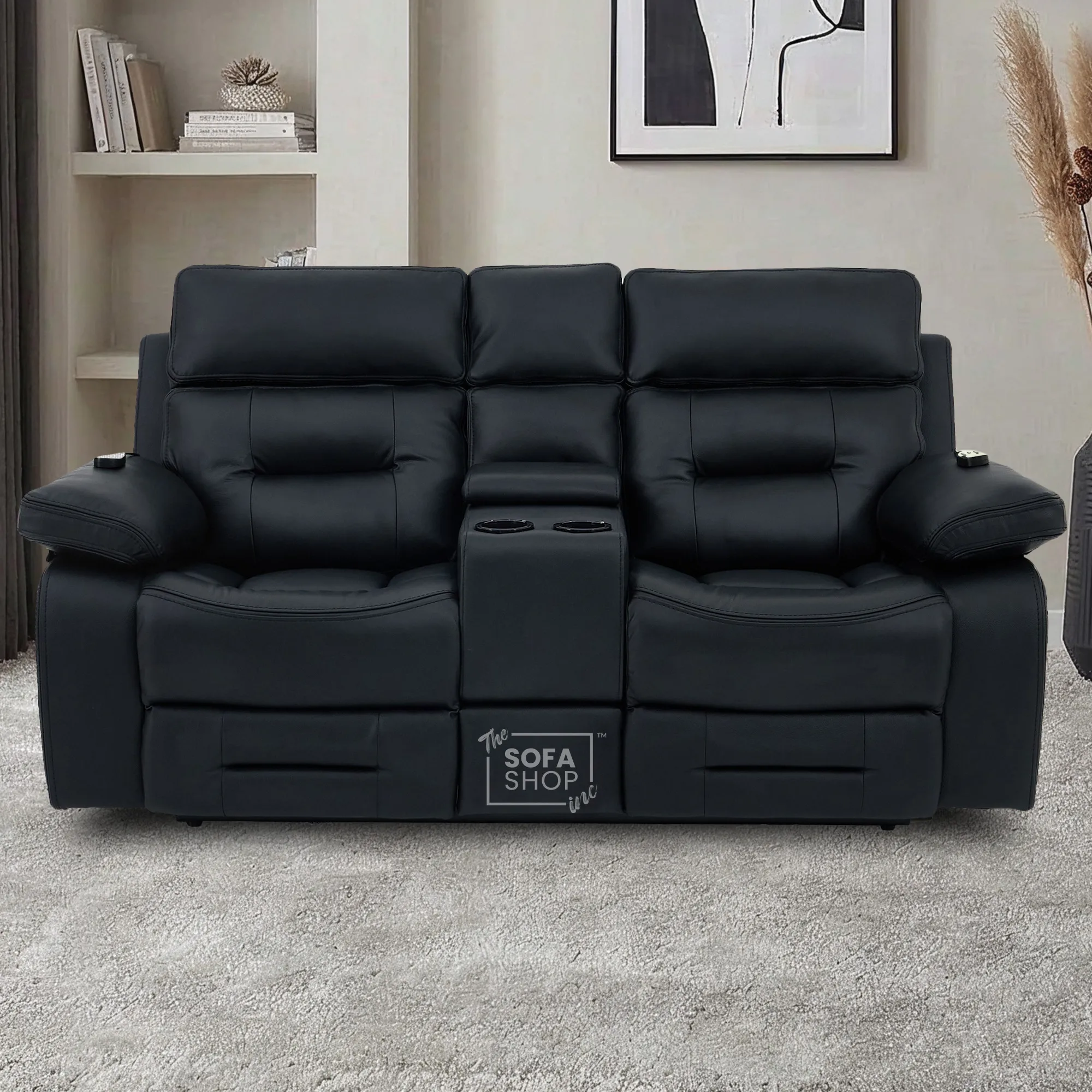 2 Seater Black Real Leather Electric Recliner Cinema Sofa | Hi-Tech Sofa With Massage, Power Headrest, Cooling Cupholders & Central Console | Sicily | The Sofa Shop - Image 2