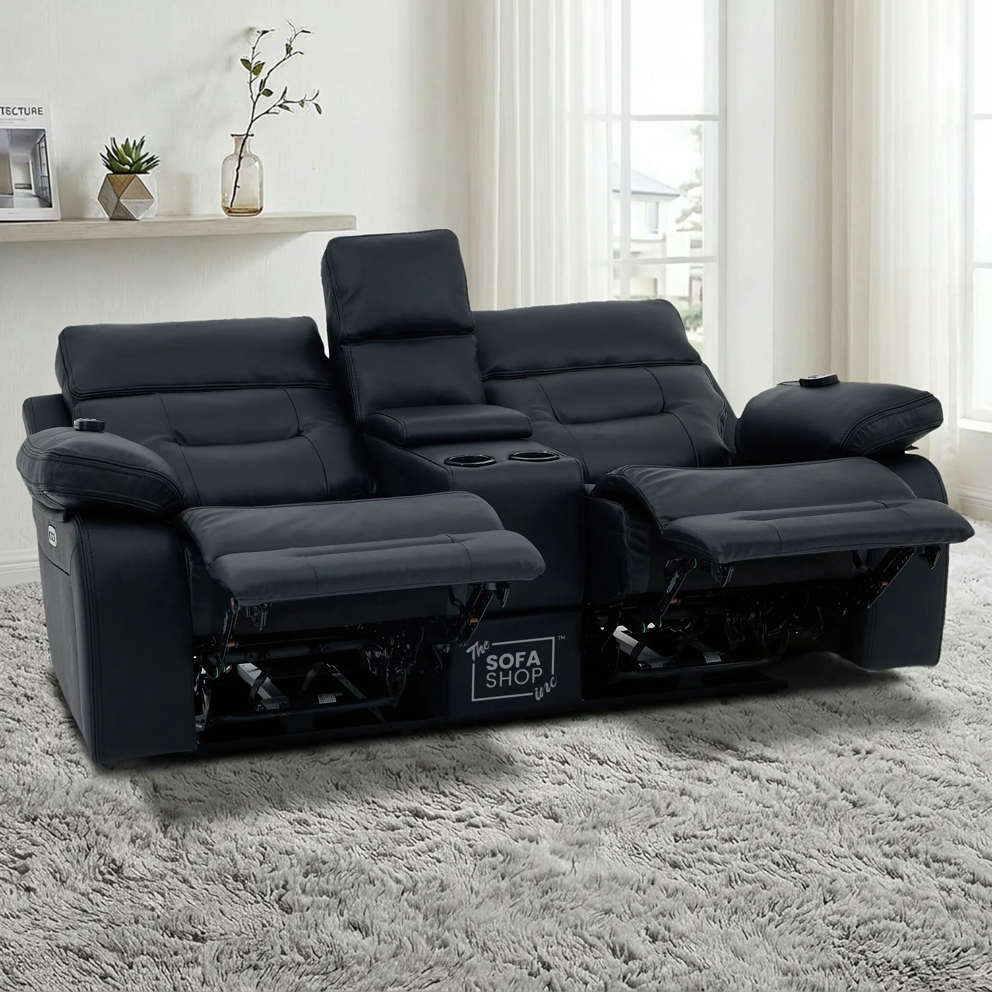 2 Seater Black Real Leather Electric Recliner Cinema Sofa | Hi-Tech Sofa With Massage, Power Headrest, Cooling Cupholders & Central Console | Sicily | The Sofa Shop - Image 3