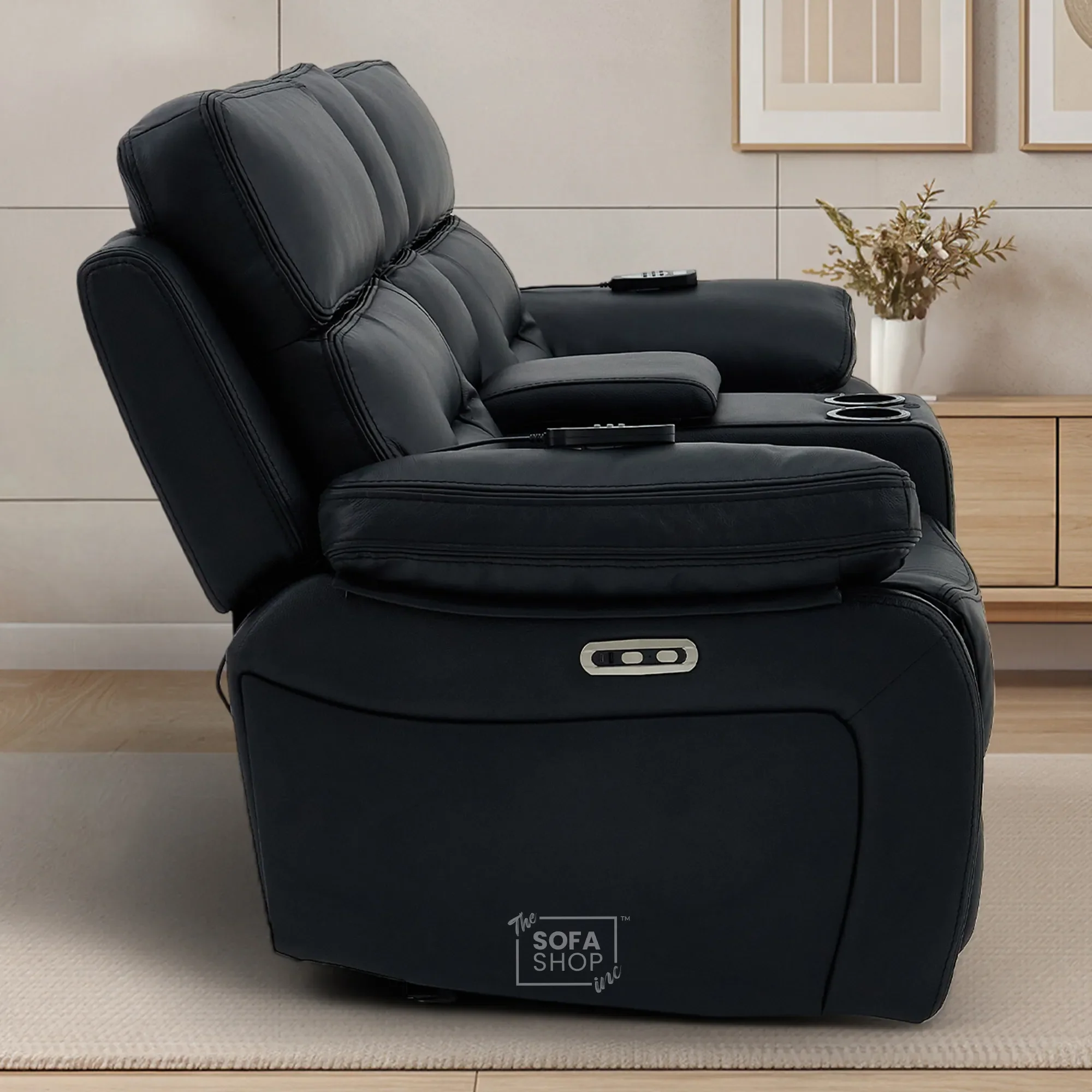 2 Seater Black Real Leather Electric Recliner Cinema Sofa | Hi-Tech Sofa With Massage, Power Headrest, Cooling Cupholders & Central Console | Sicily | The Sofa Shop - Image 6