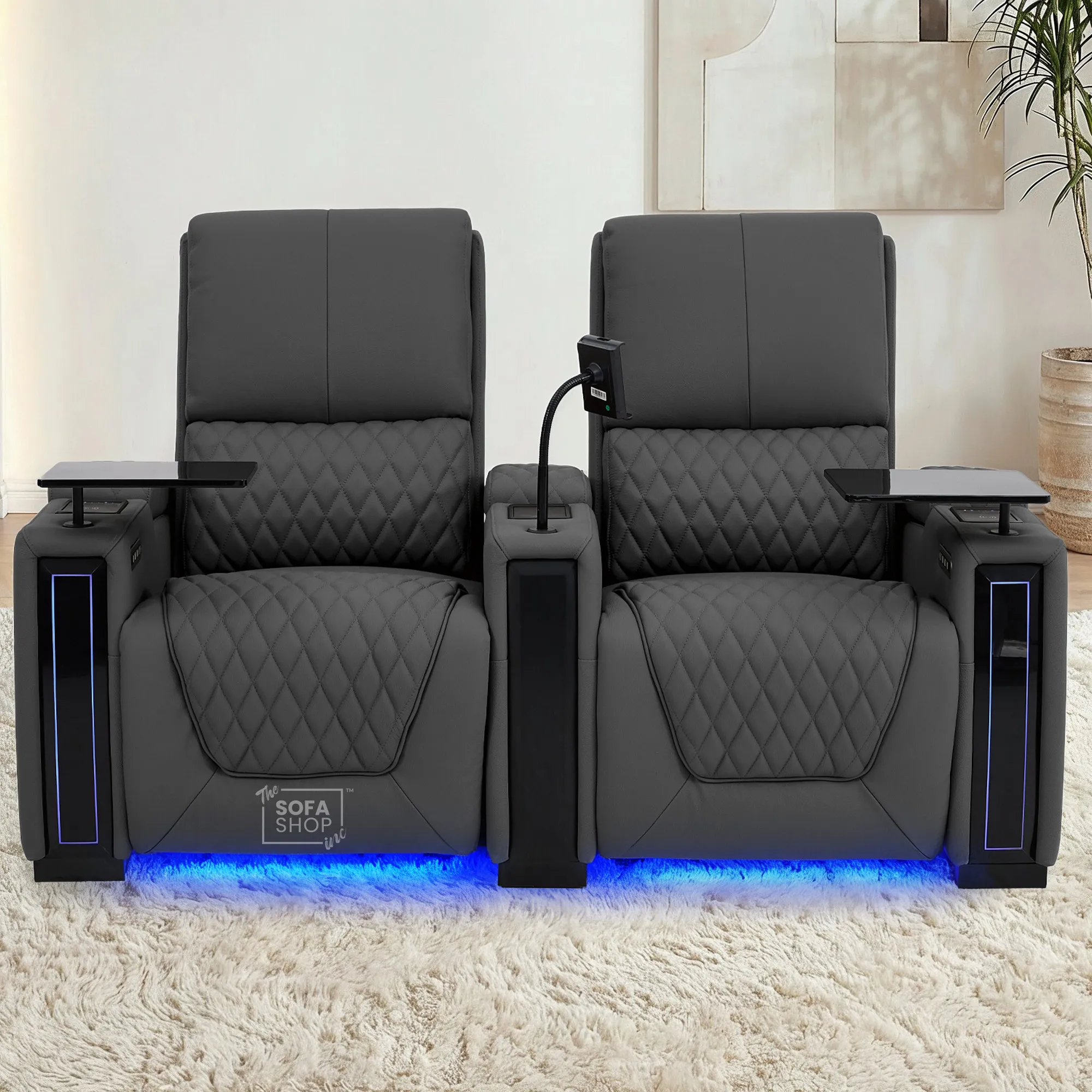 2 Seater Real Leather Electric Recliner Cinema Sofa in Grey | Hi-Tech Cinema Sofa With Power Lumbar, Wireless Charging & Heating & Cooling Cup Holders | Assisi | The Sofa Shop - Image 2
