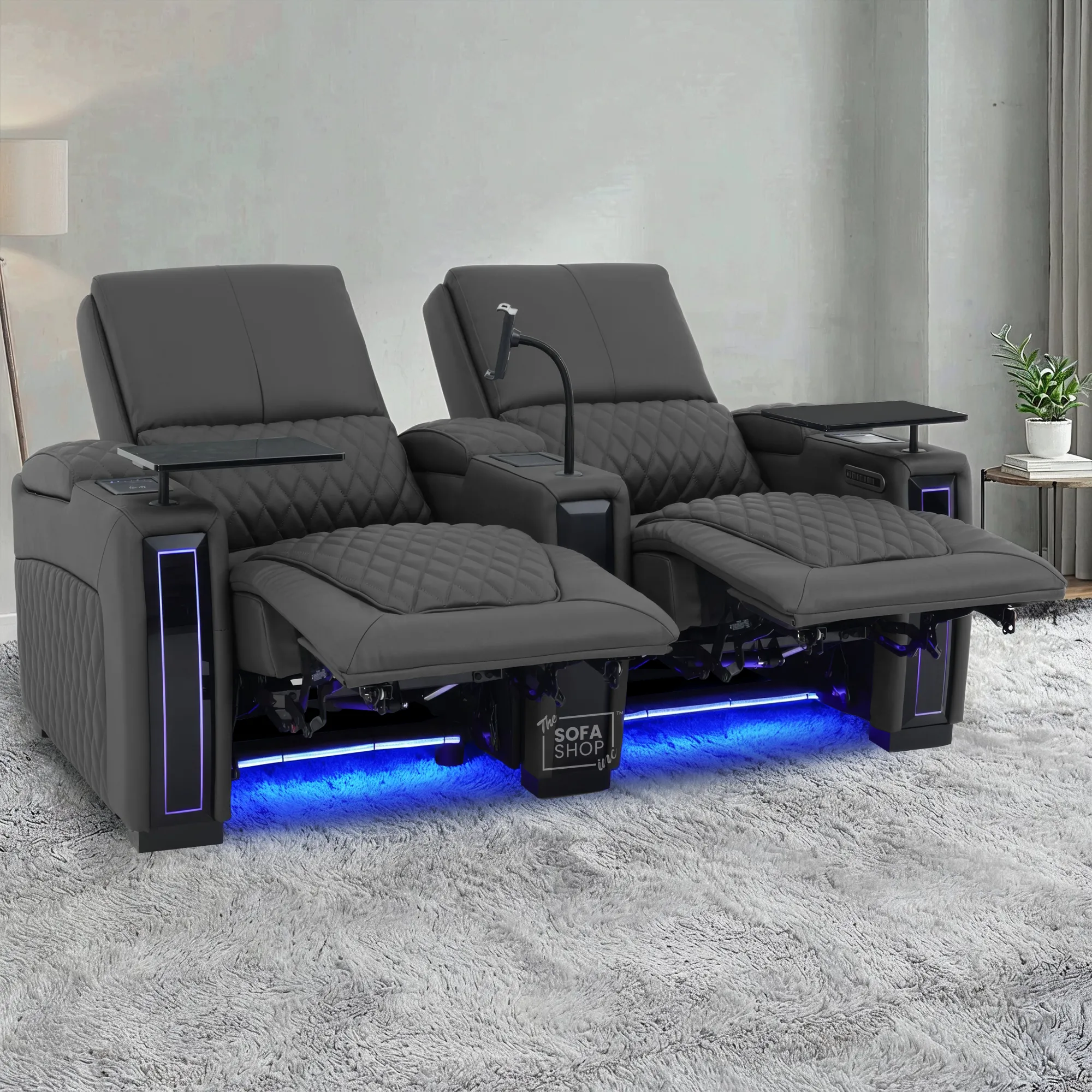 2 Seater Real Leather Electric Recliner Cinema Sofa in Grey | Hi-Tech Cinema Sofa With Power Lumbar, Wireless Charging & Heating & Cooling Cup Holders | Assisi | The Sofa Shop - Image 3