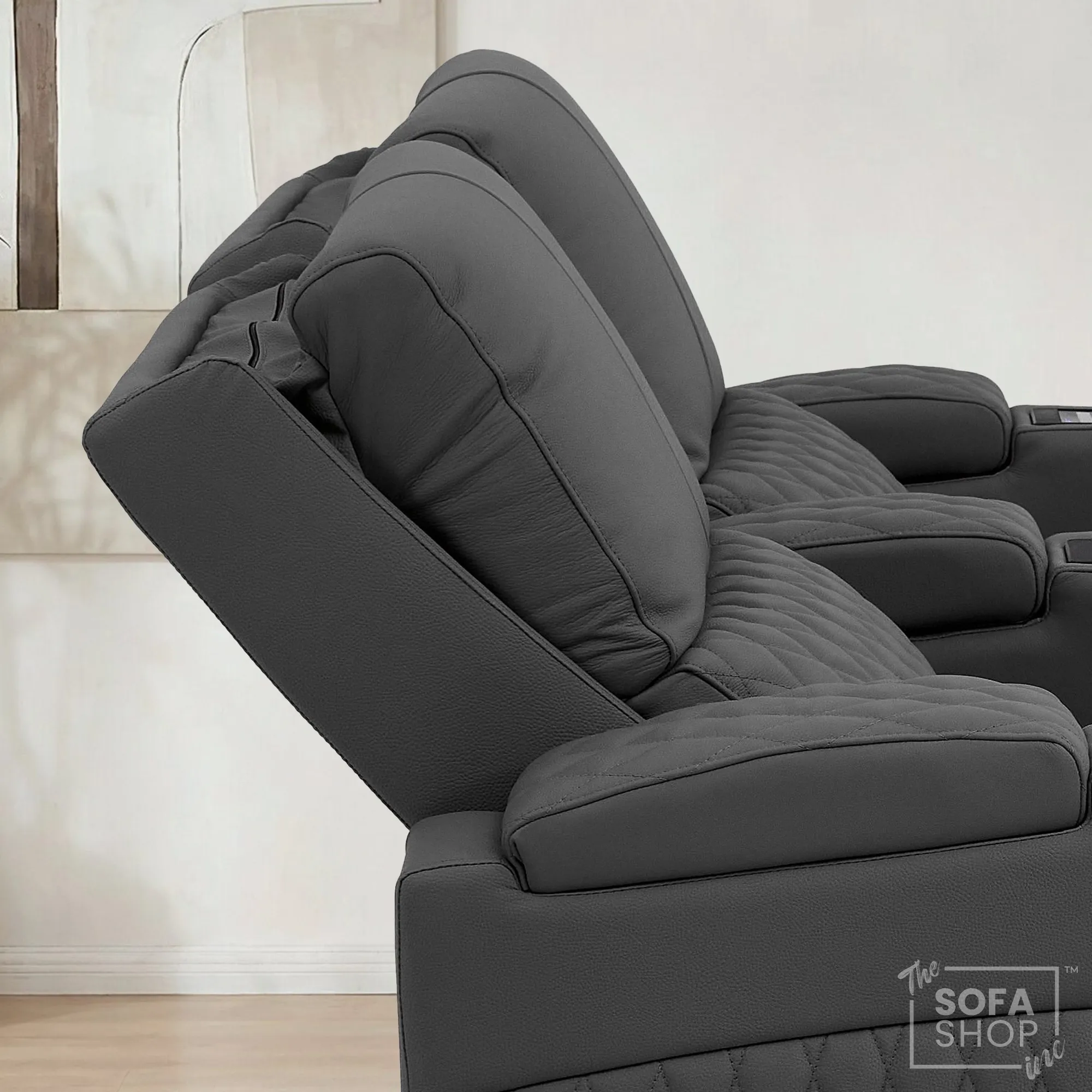 2 Seater Real Leather Electric Recliner Cinema Sofa in Grey | Hi-Tech Cinema Sofa With Power Lumbar, Wireless Charging & Heating & Cooling Cup Holders | Assisi | The Sofa Shop - Image 5