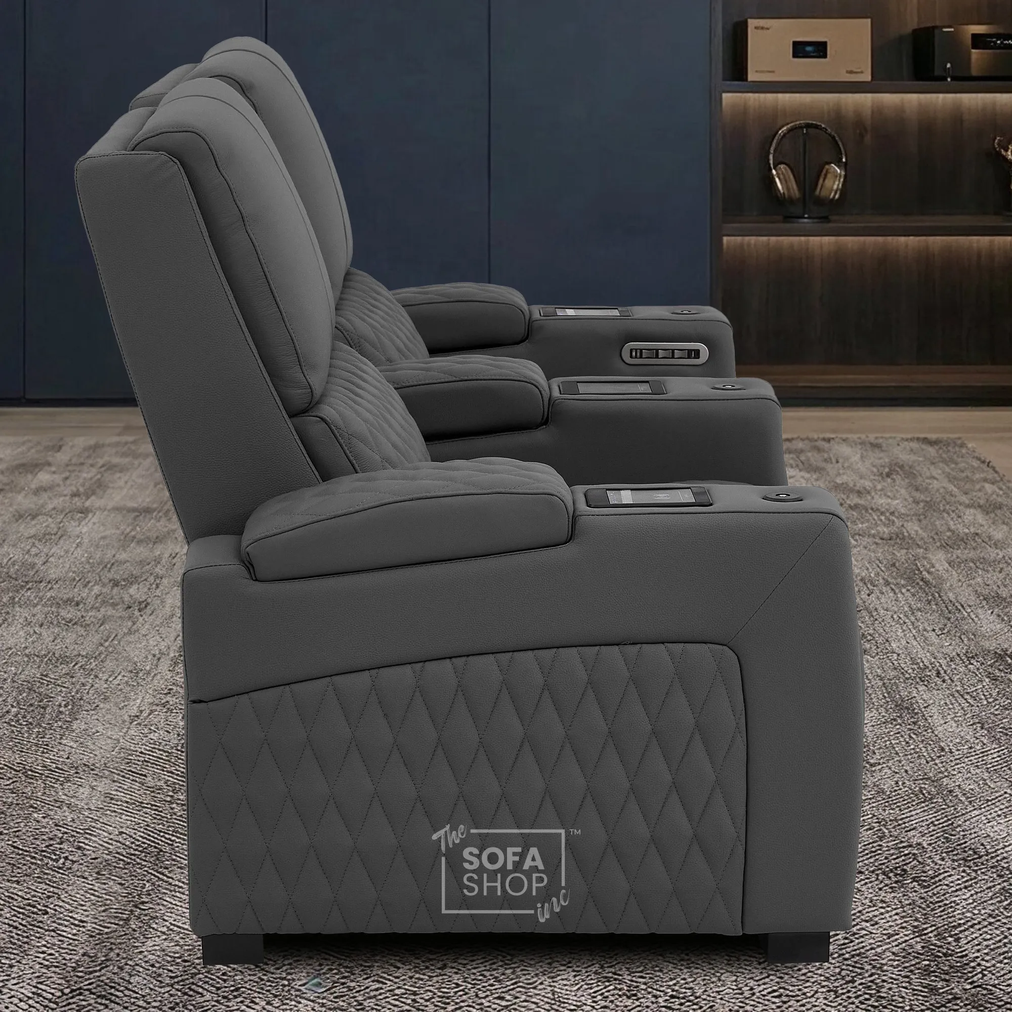 2 Seater Real Leather Electric Recliner Cinema Sofa in Grey | Hi-Tech Cinema Sofa With Power Lumbar, Wireless Charging & Heating & Cooling Cup Holders | Assisi | The Sofa Shop - Image 6