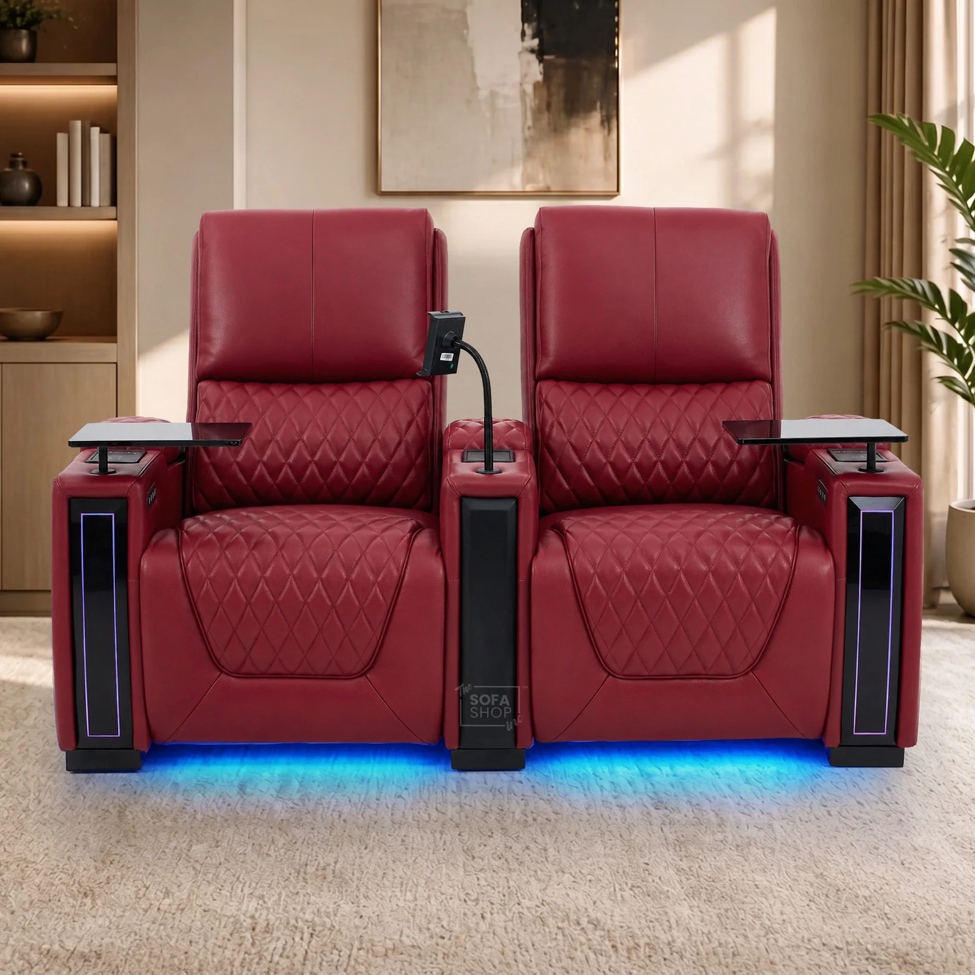2 Seater Red Real Leather Electric Recliner Cinema Sofa | Hi-Tech Recliner Settee with Power Lumbar, Wireless Charging, Heat & Cooling Cupholders | Assisi | The Sofa Shop - Image 2