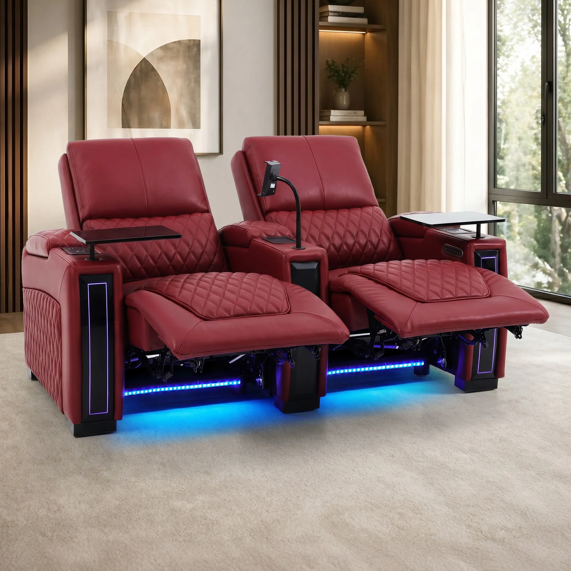 2 Seater Red Real Leather Electric Recliner Cinema Sofa | Hi-Tech Recliner Settee with Power Lumbar, Wireless Charging, Heat & Cooling Cupholders | Assisi | The Sofa Shop - Image 3