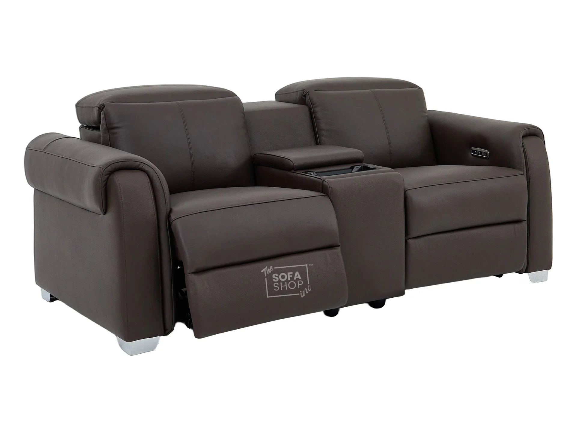 2 Seater Real Leather Electric Recliner Sofa | Cinema Sofa | Hi-Tech Sofa in Brown with Massage, Middle Console, Adjustable Headrests & USB | Turin | The Sofa Shop - Image 11