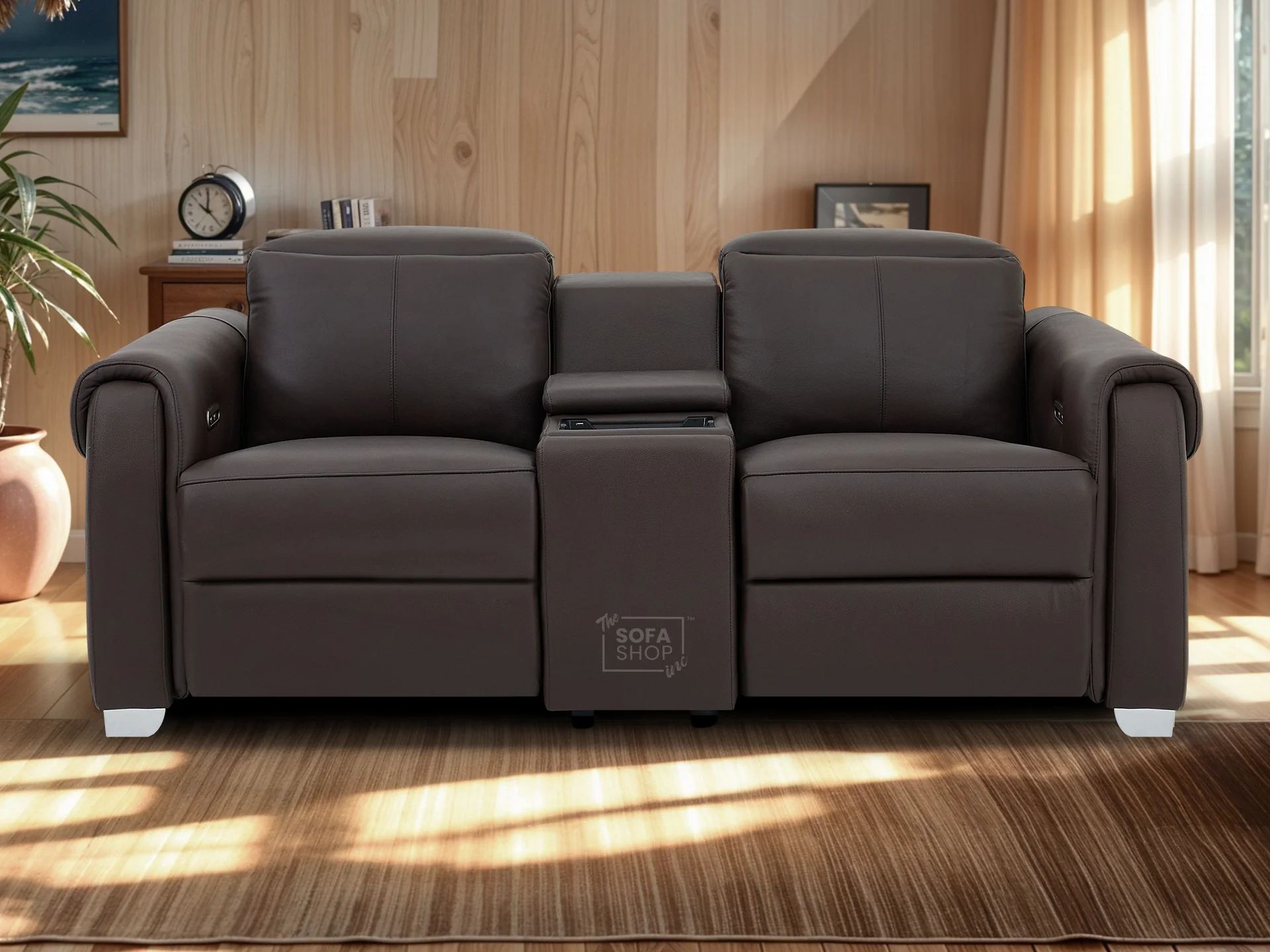 2 Seater Real Leather Electric Recliner Sofa | Cinema Sofa | Hi-Tech Sofa in Brown with Massage, Middle Console, Adjustable Headrests & USB | Turin | The Sofa Shop - Image 2